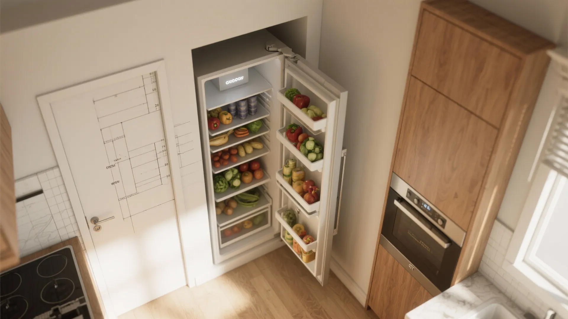 3. Fridge in an alcove with pull-out shelves
