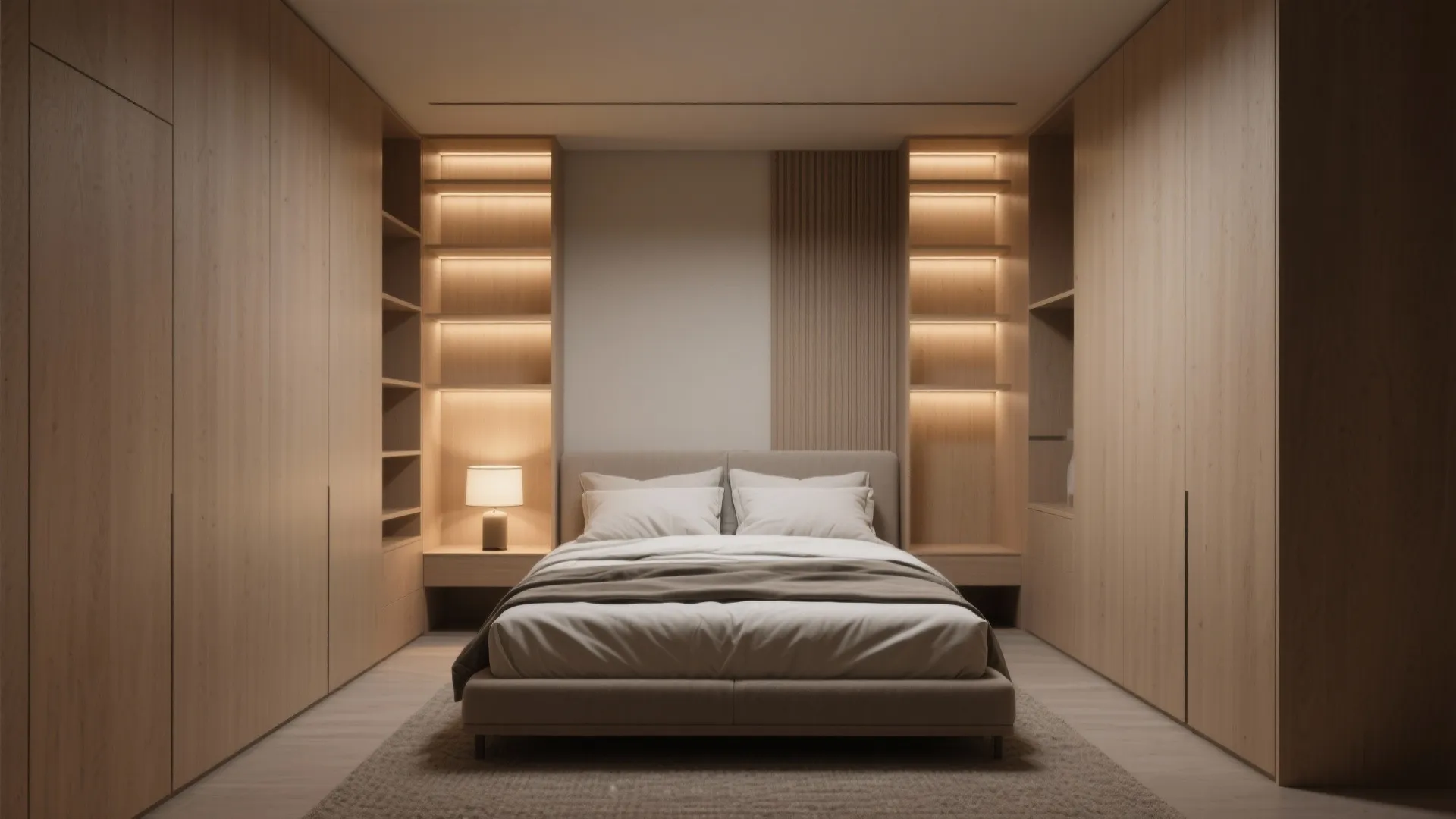 3. Niche or alcove queen setup with side shelving