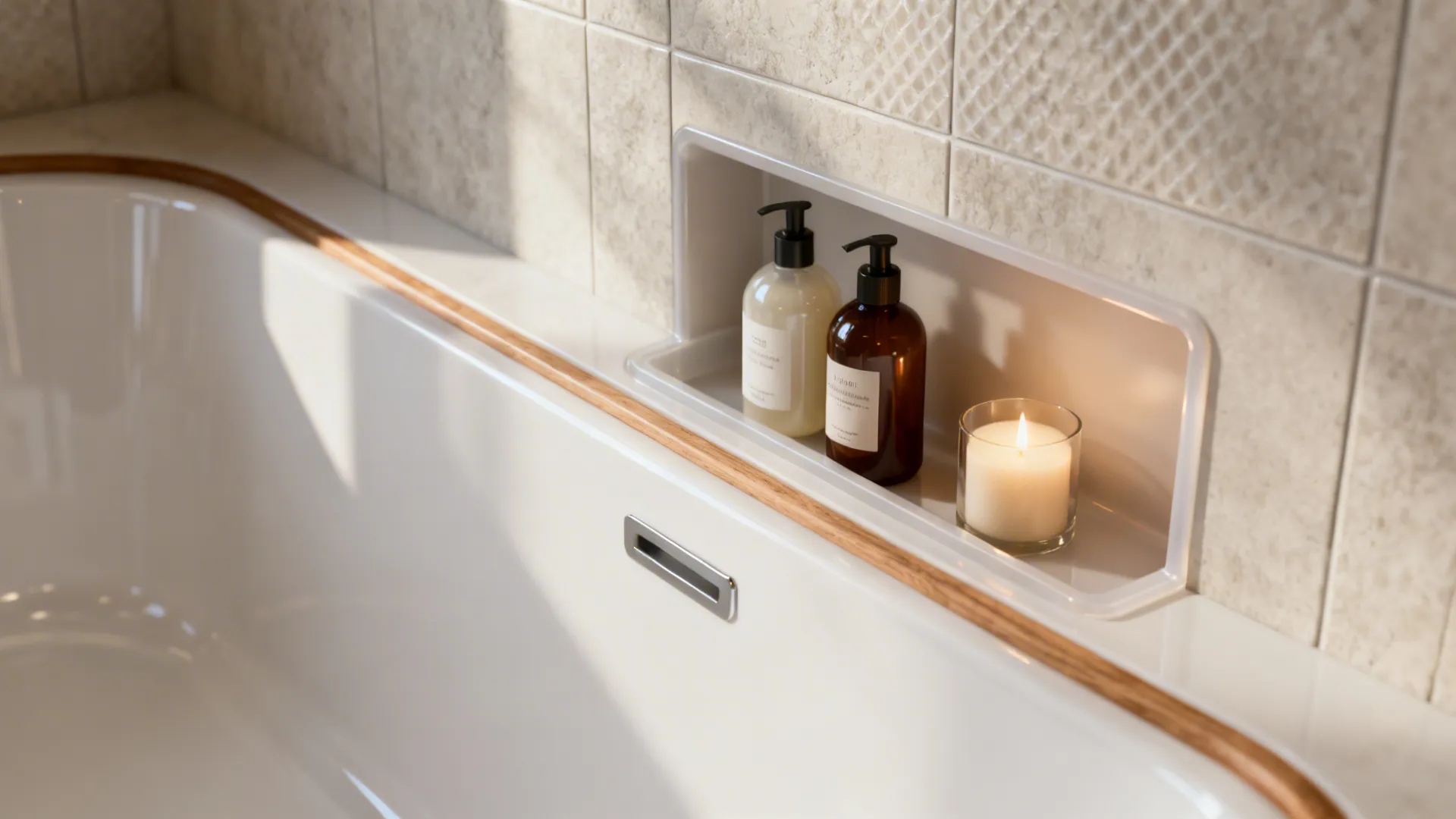 Detail of alcove tub with integrated shelving and toiletries in a small bathroom