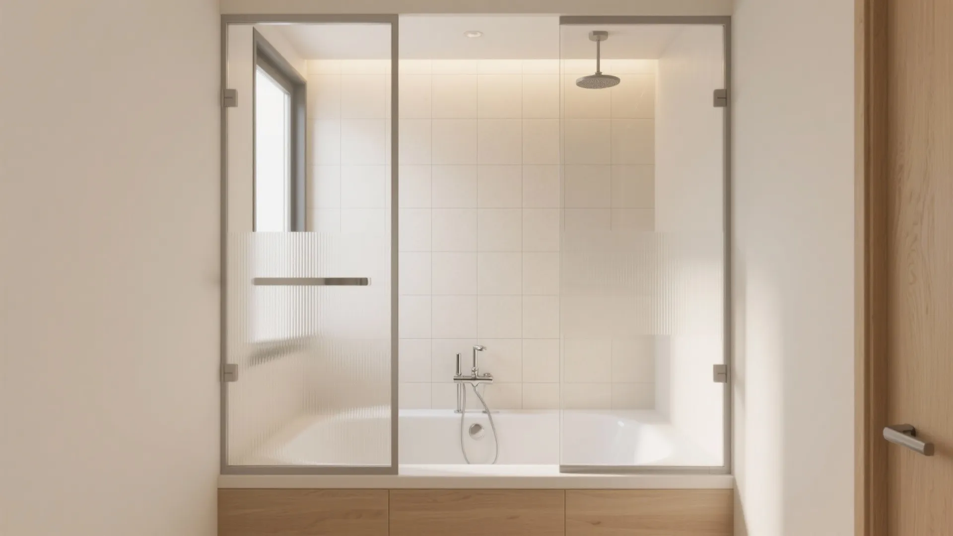 White bathtub with glass shower screen wood base white tiles ceiling light and bright natural light