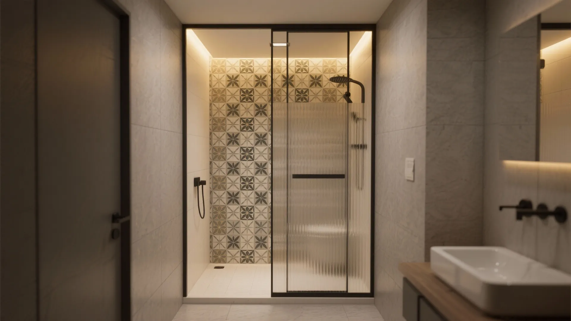 Modern bathroom with glass shower door patterned wall tiles white sink and warm hidden lighting