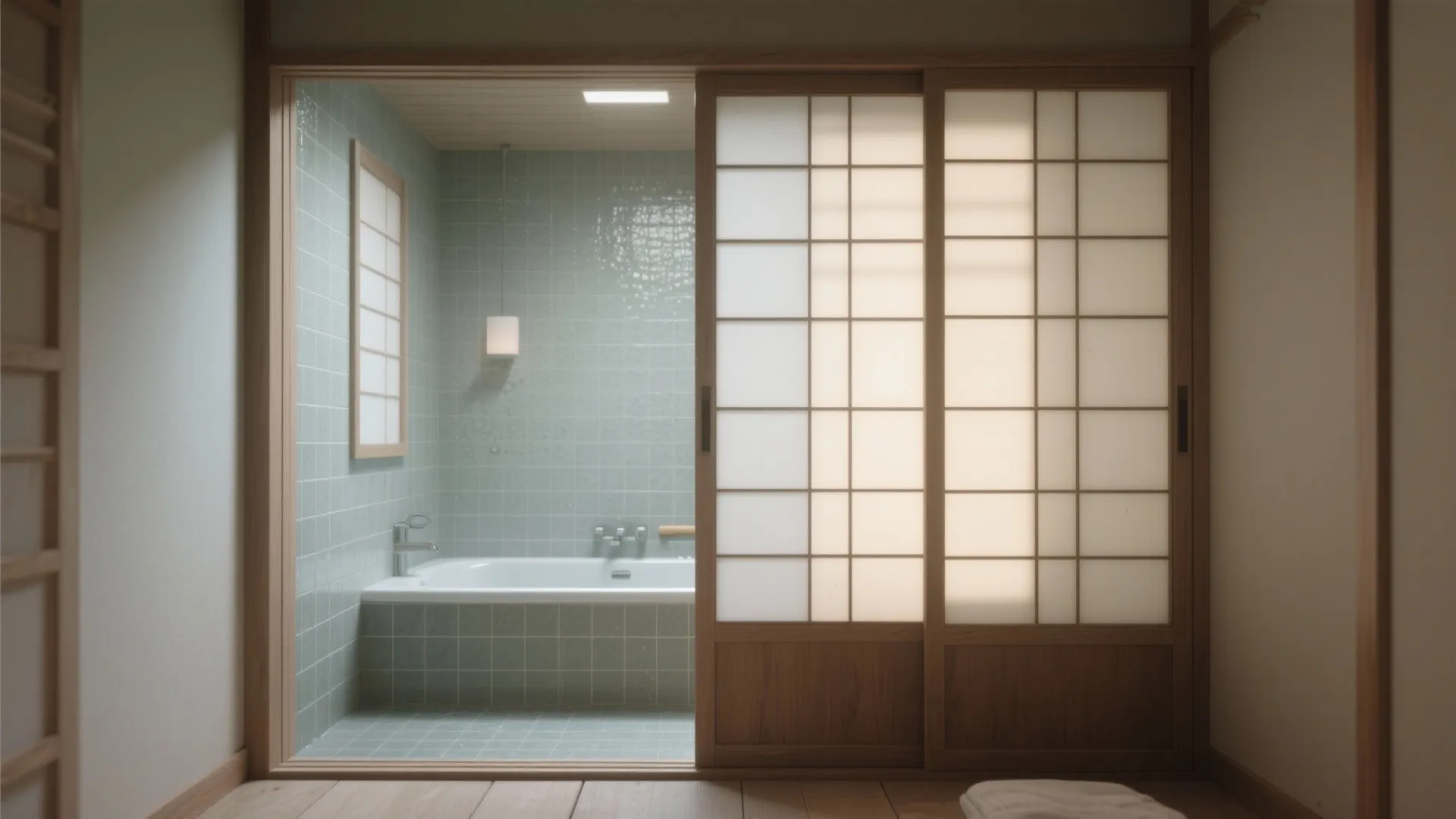 Soaking tub tucked in an alcove with a shoji-inspired sliding panel for privacy in a compact bathroom