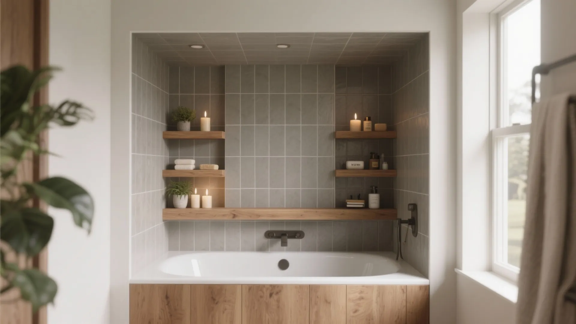 Modern bathroom with built-in bathtub wooden wall panels grey tiles shelves candles and window light