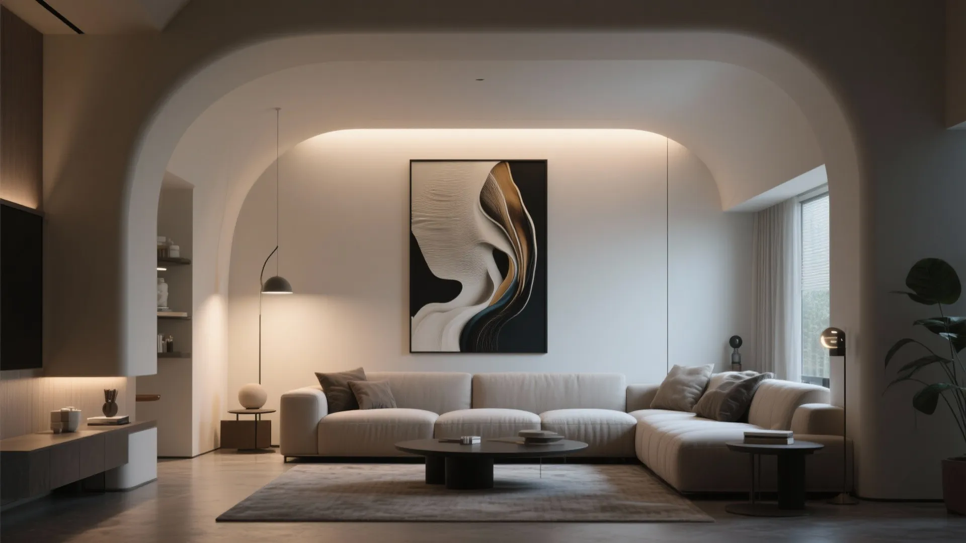 Living room alcove with a large statement art piece on display