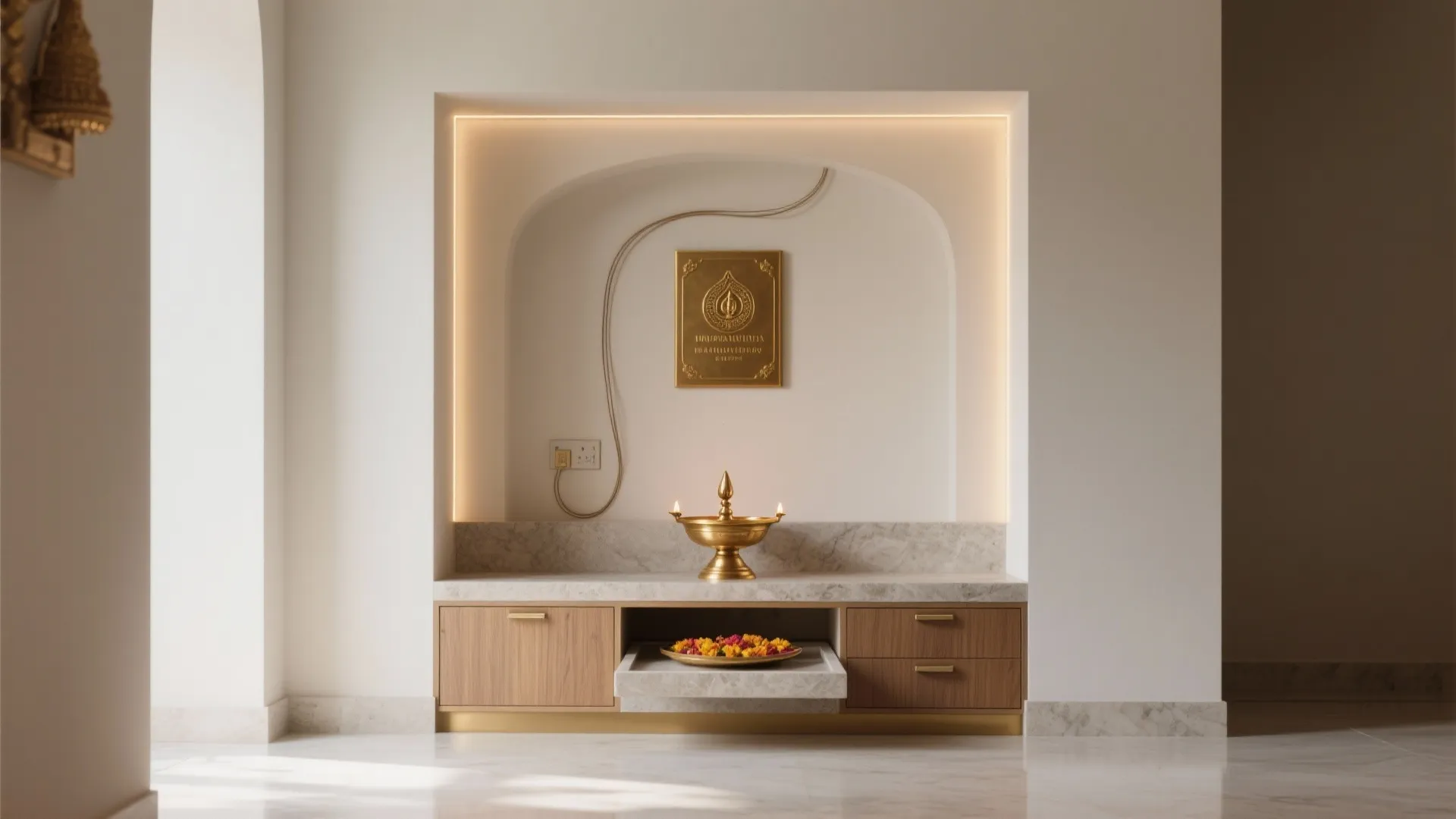 Minimalist pooja chowk design in a wall alcove with concealed storage, brass diya plate, and warm 2700K LEDs.