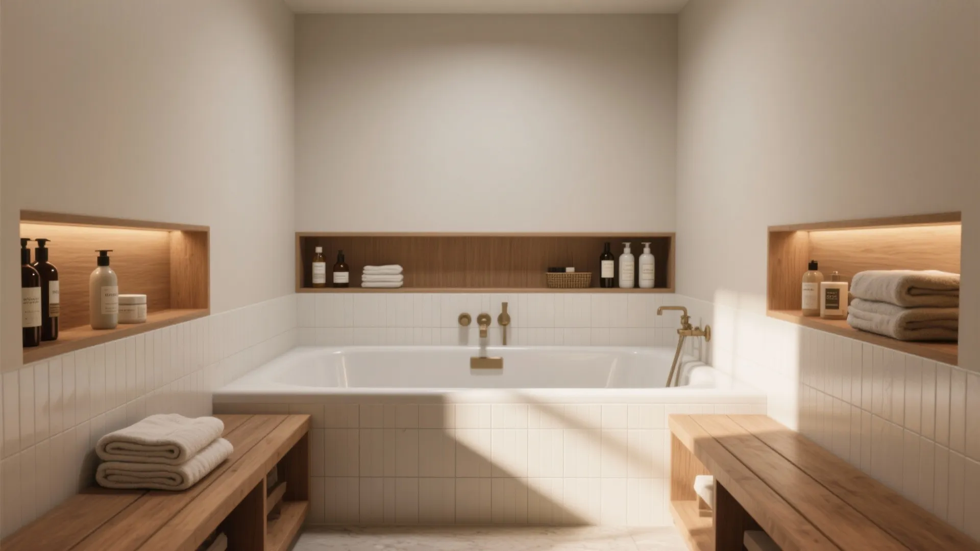 Modern white bathtub with wooden wall storage shelves containing soap bottles towels and light fixtures