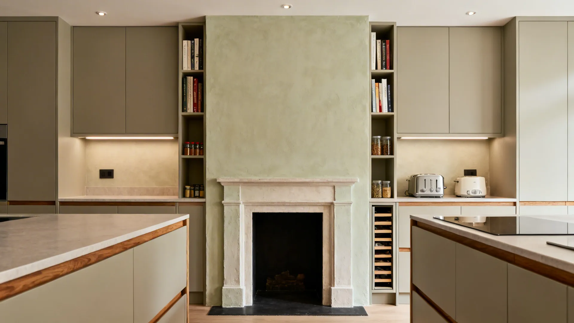 Custom alcove shelving around a chimney breast with integrated LEDs and slim pull-out pantry.
