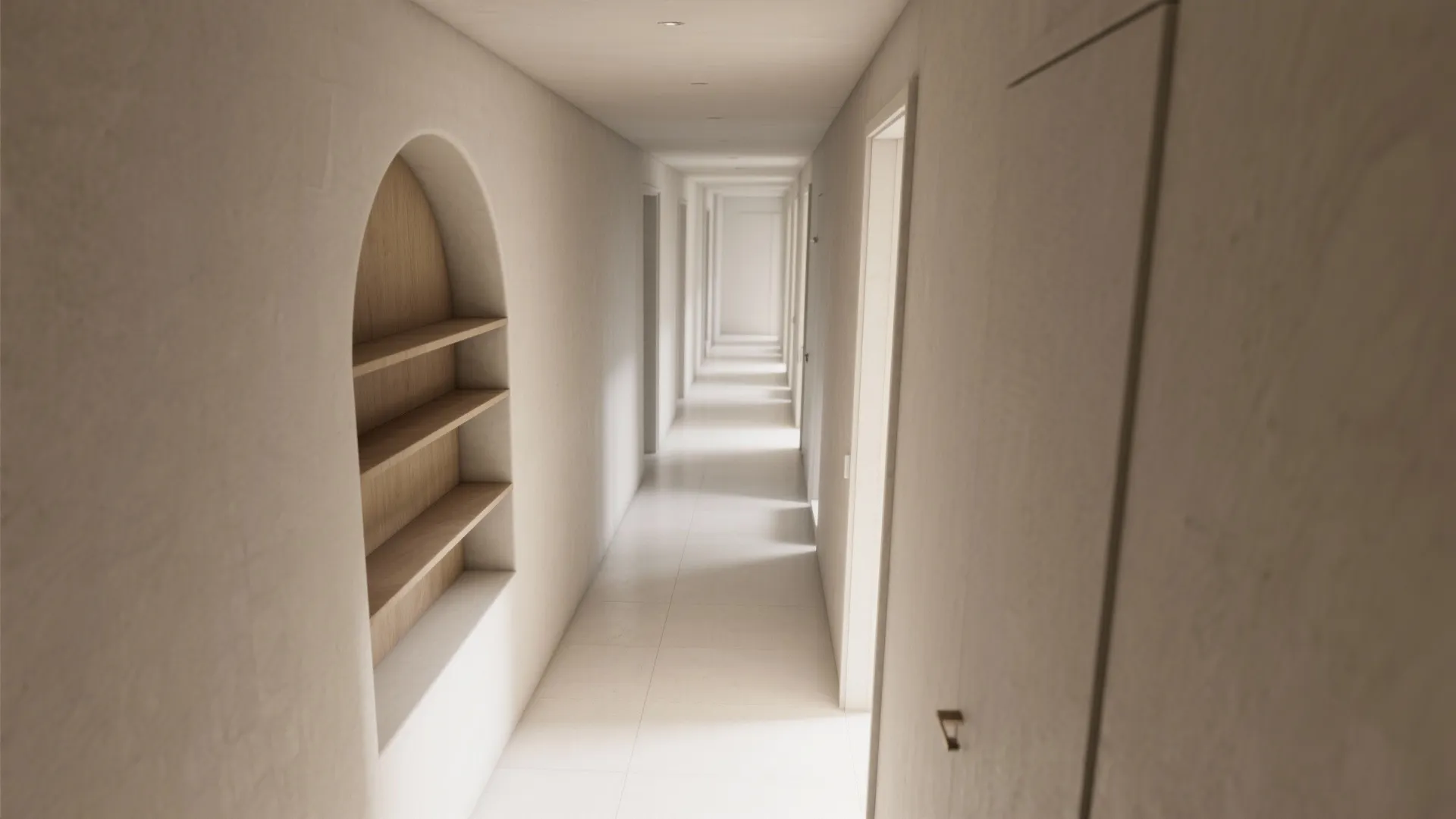 Top-down view of a hall with a shallow recessed alcove and clear circulation path.