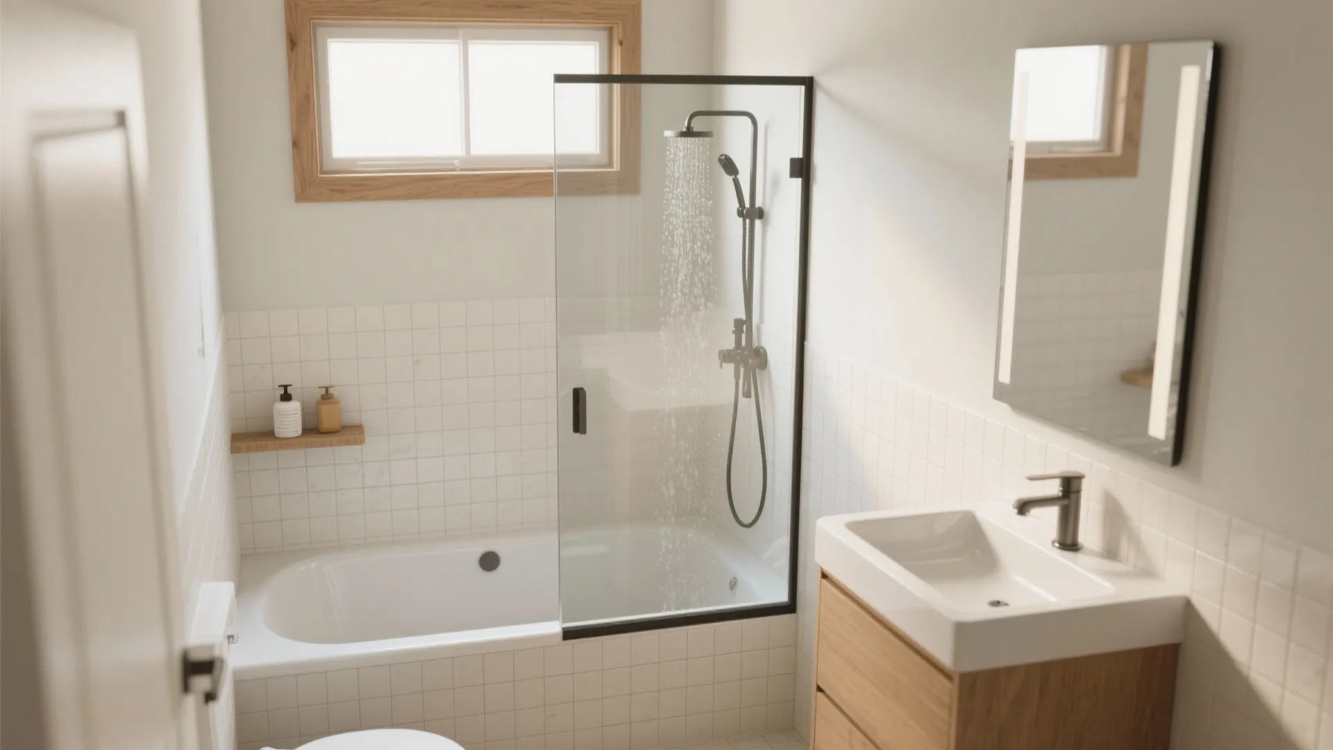 Modern bathroom featuring white tiles bathtub shower glass screen wooden cabinet sink and large wall mirror