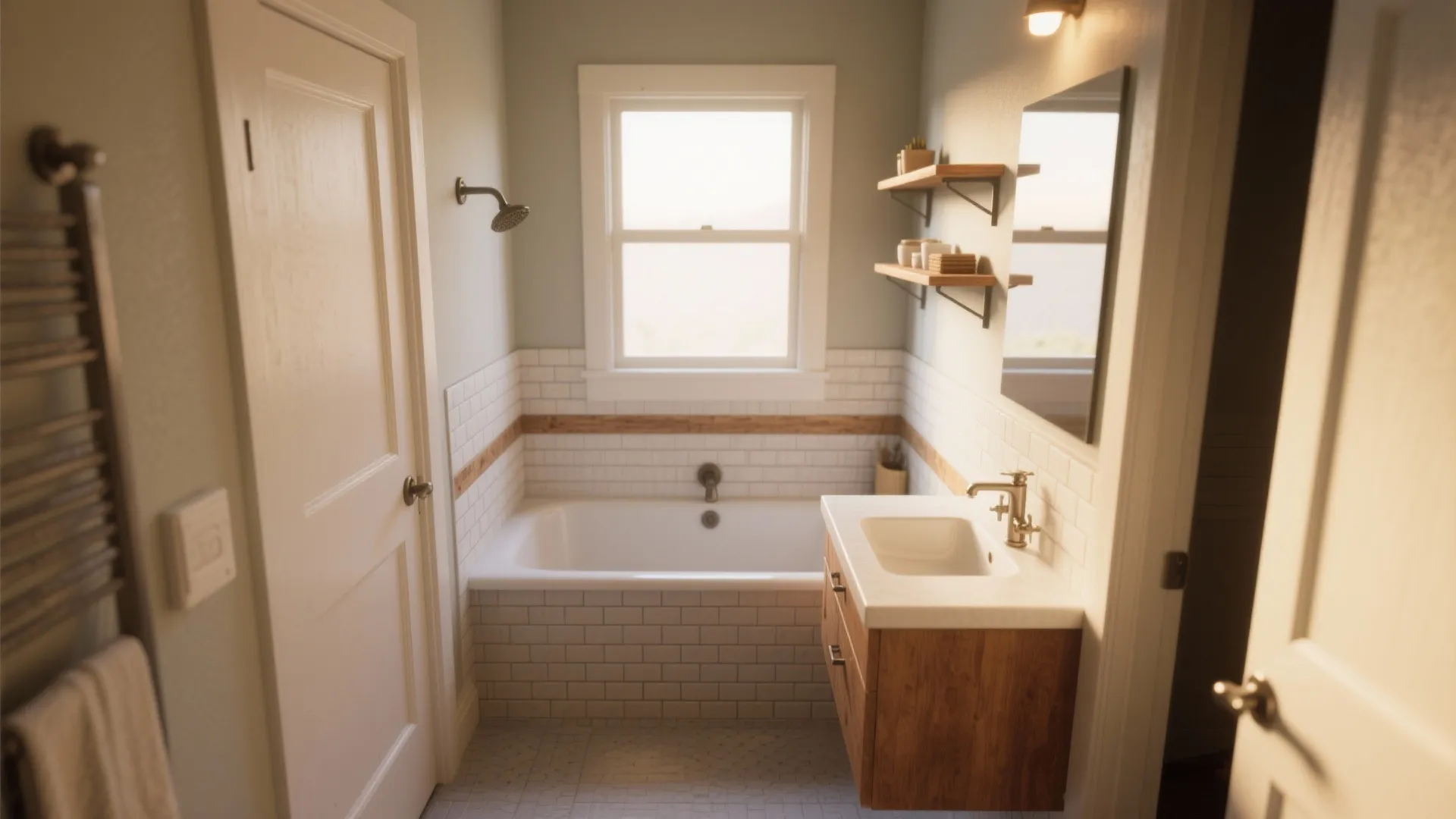 2. Alcove tub with compact vanity (tub at end)