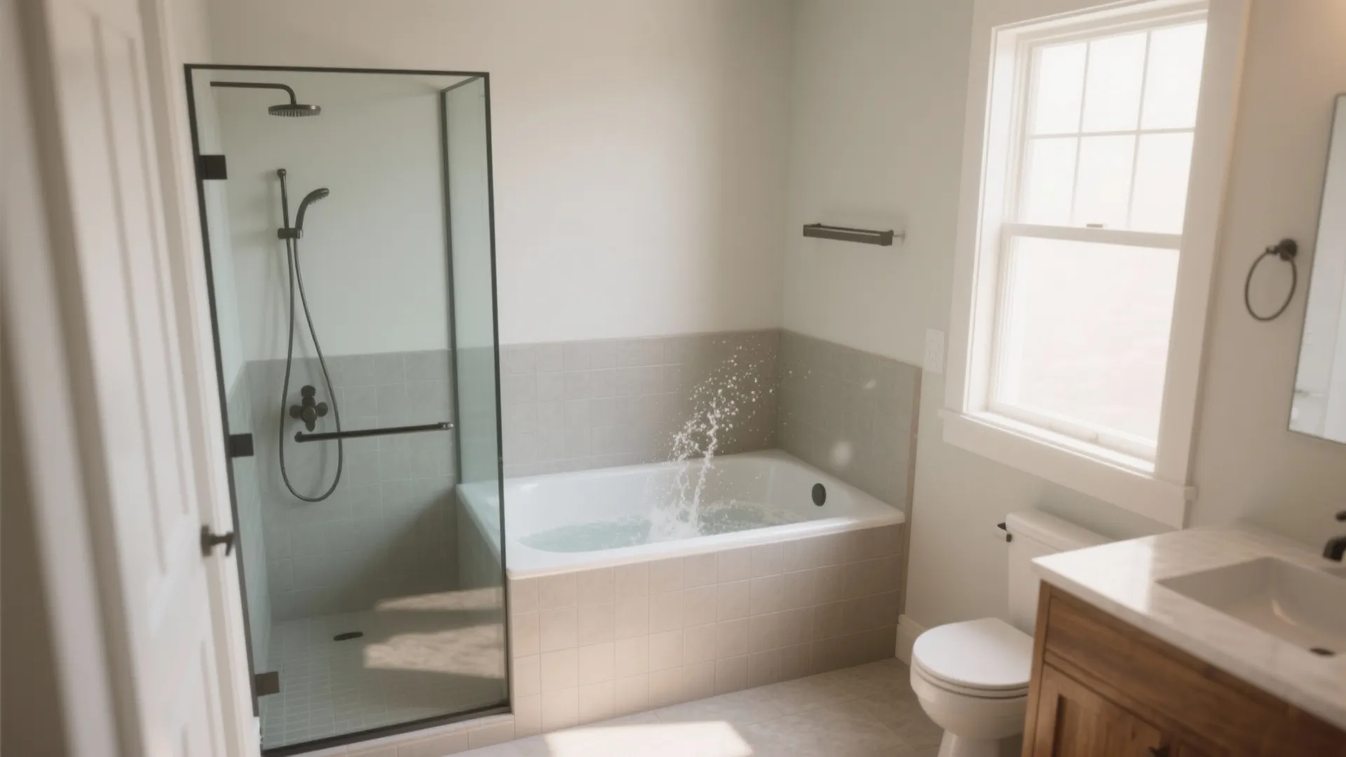 1. Alcove tub + glass panel to keep the visual line