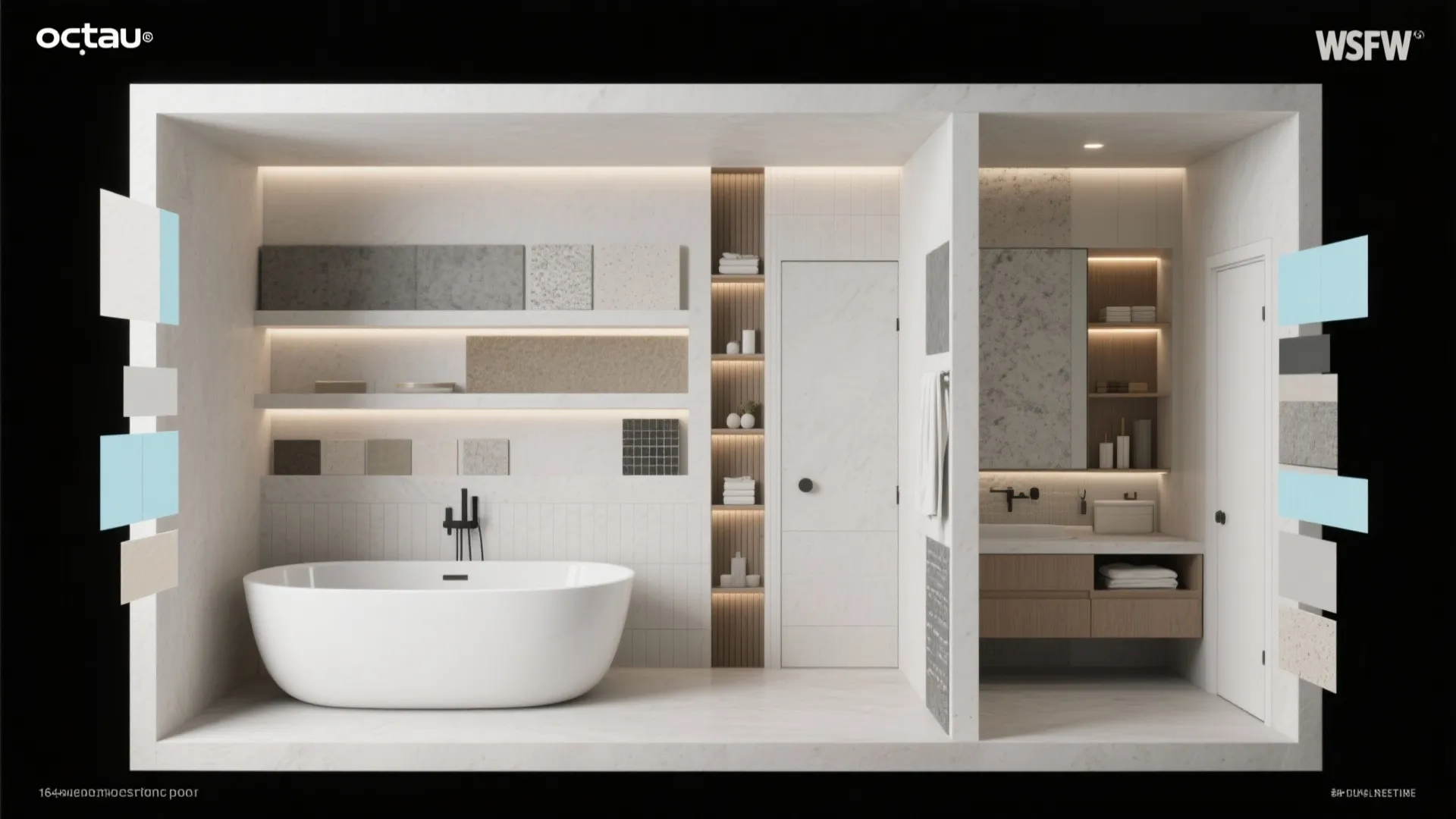 Material flatlay and sectional for an alcove soaking tub with vertical recessed storage and waterproof materials.