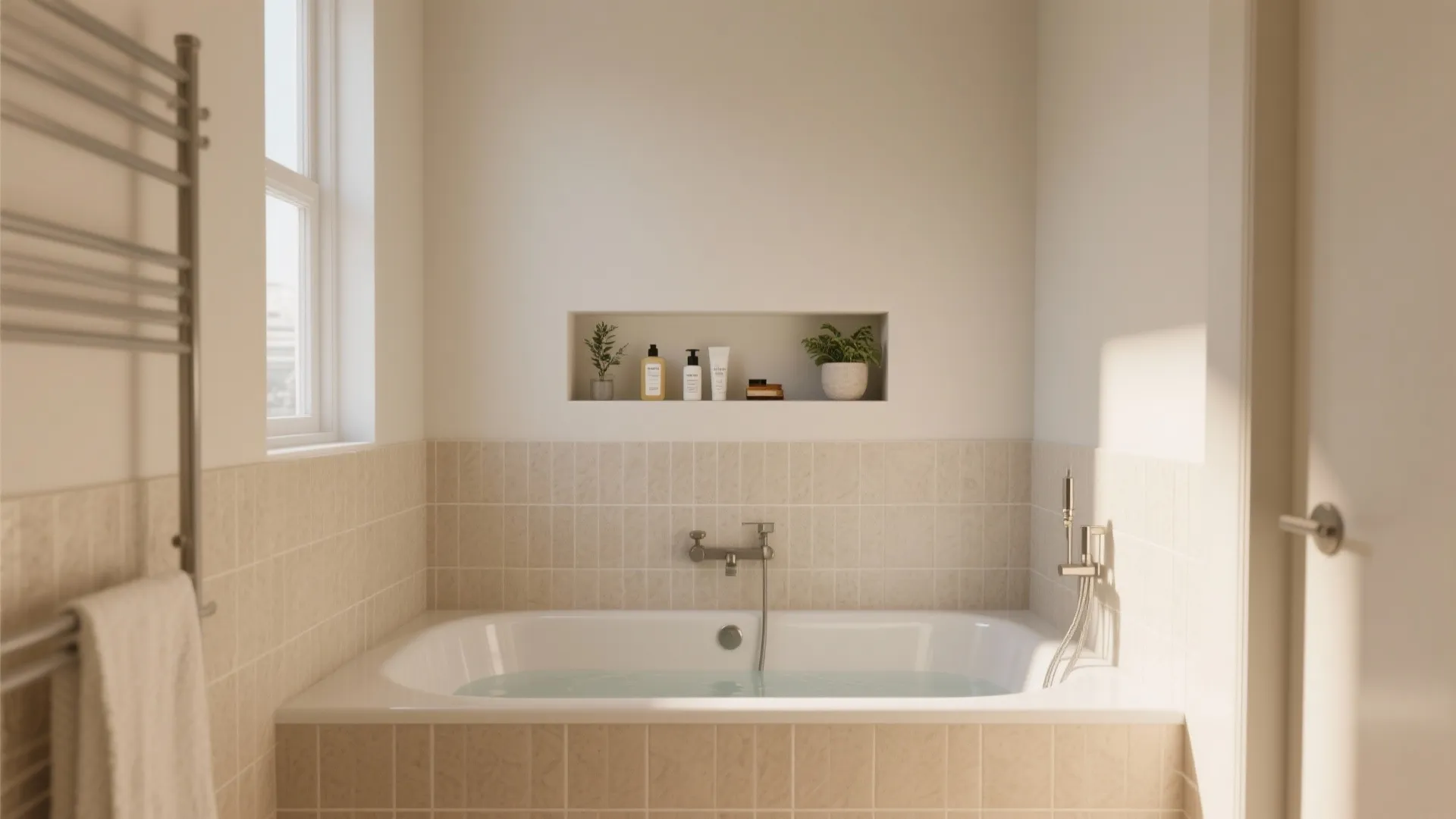 2. Alcove soaking tub with integrated storage