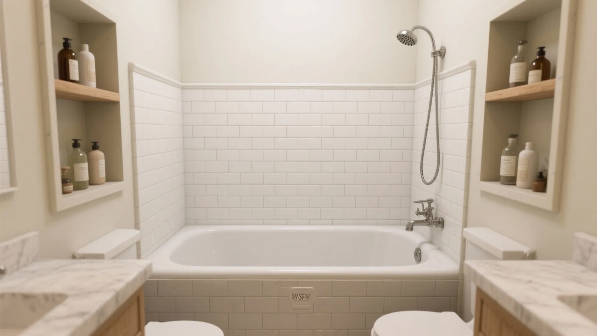 Compact alcove tub with storage walls