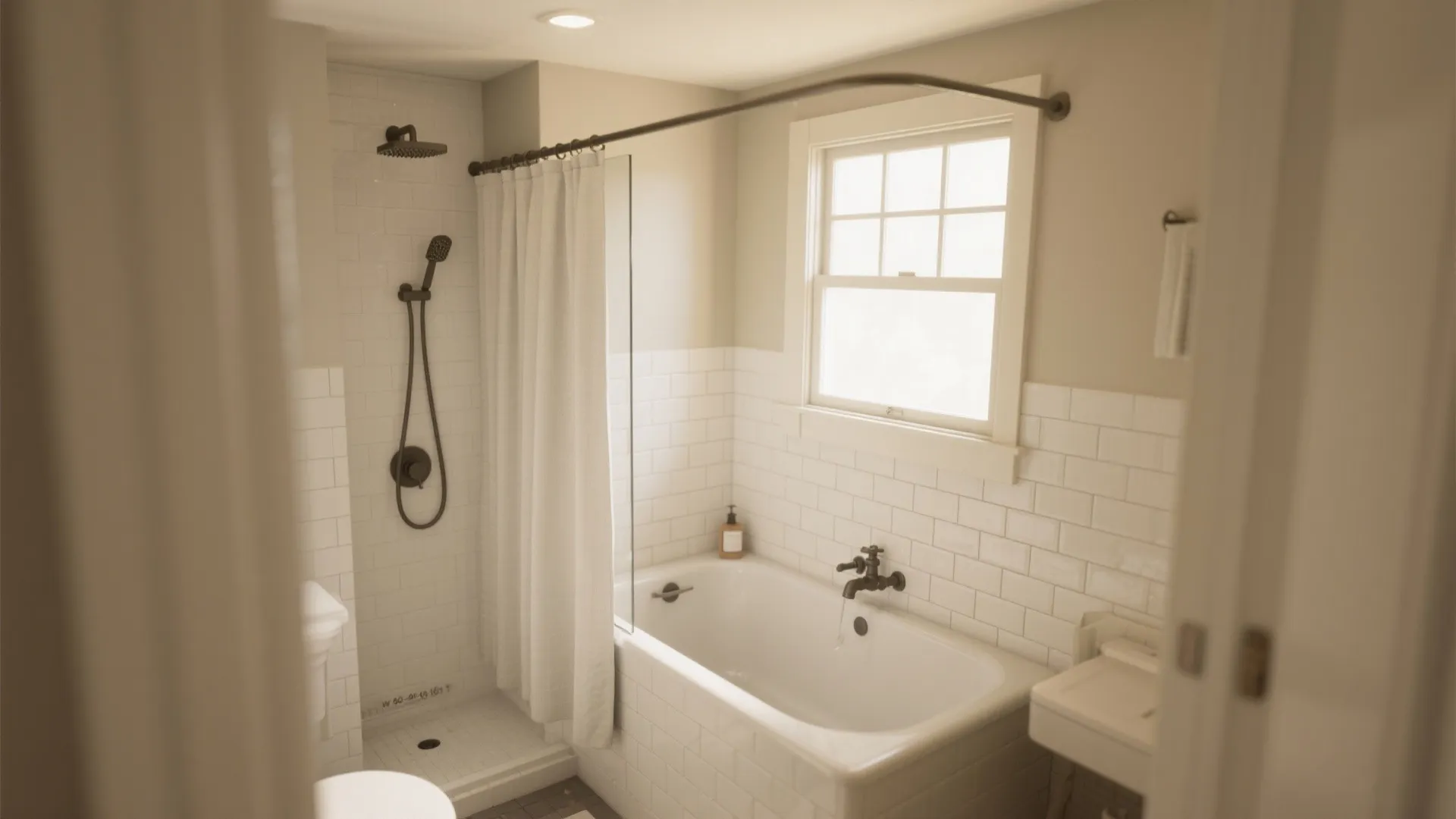 Bright bathroom interior featuring a white bathtub, tiled walls, shower head, curtain, and small window