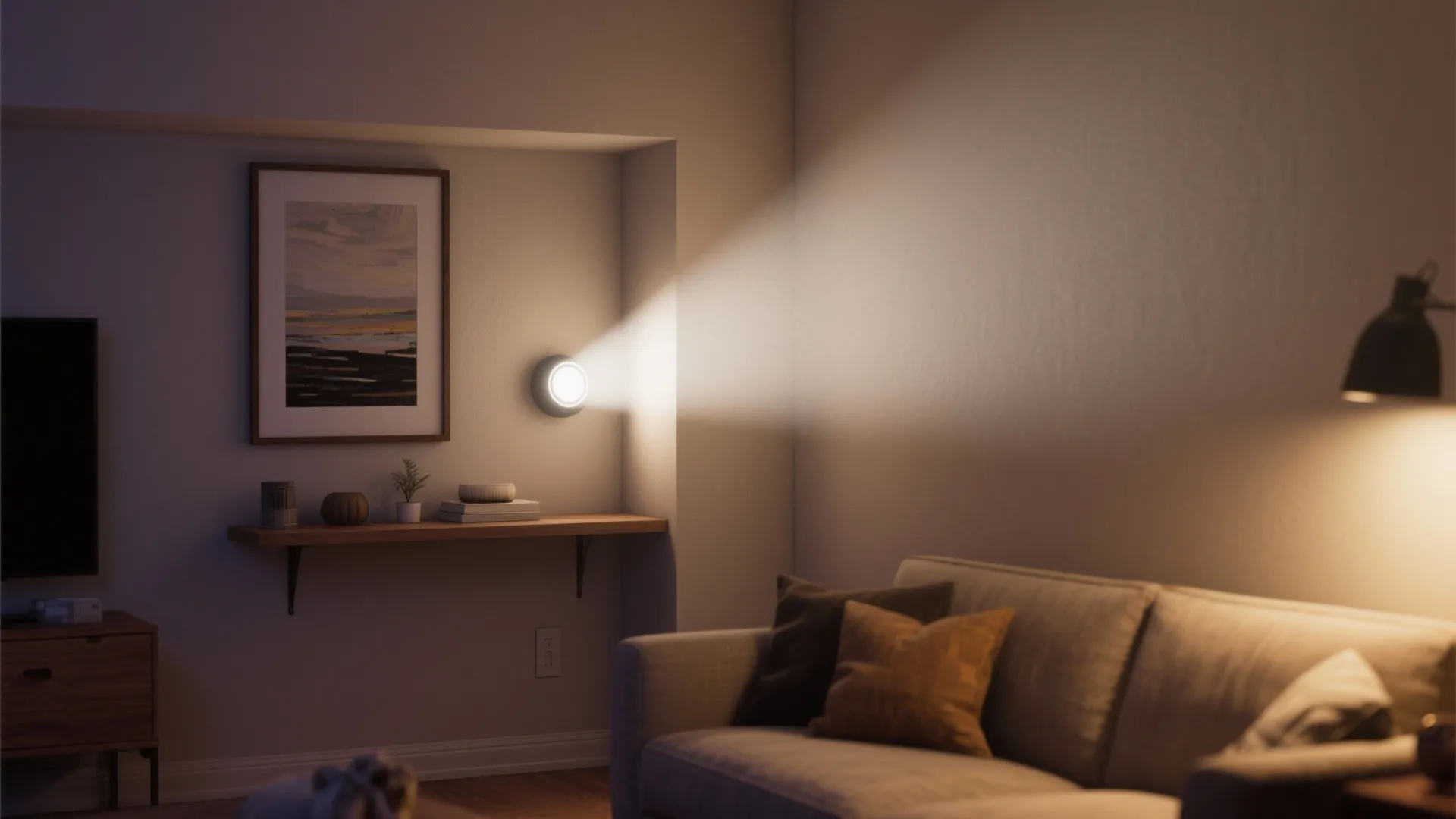 Round wall light shining bright beam across wooden shelf inside cozy modern living room interior