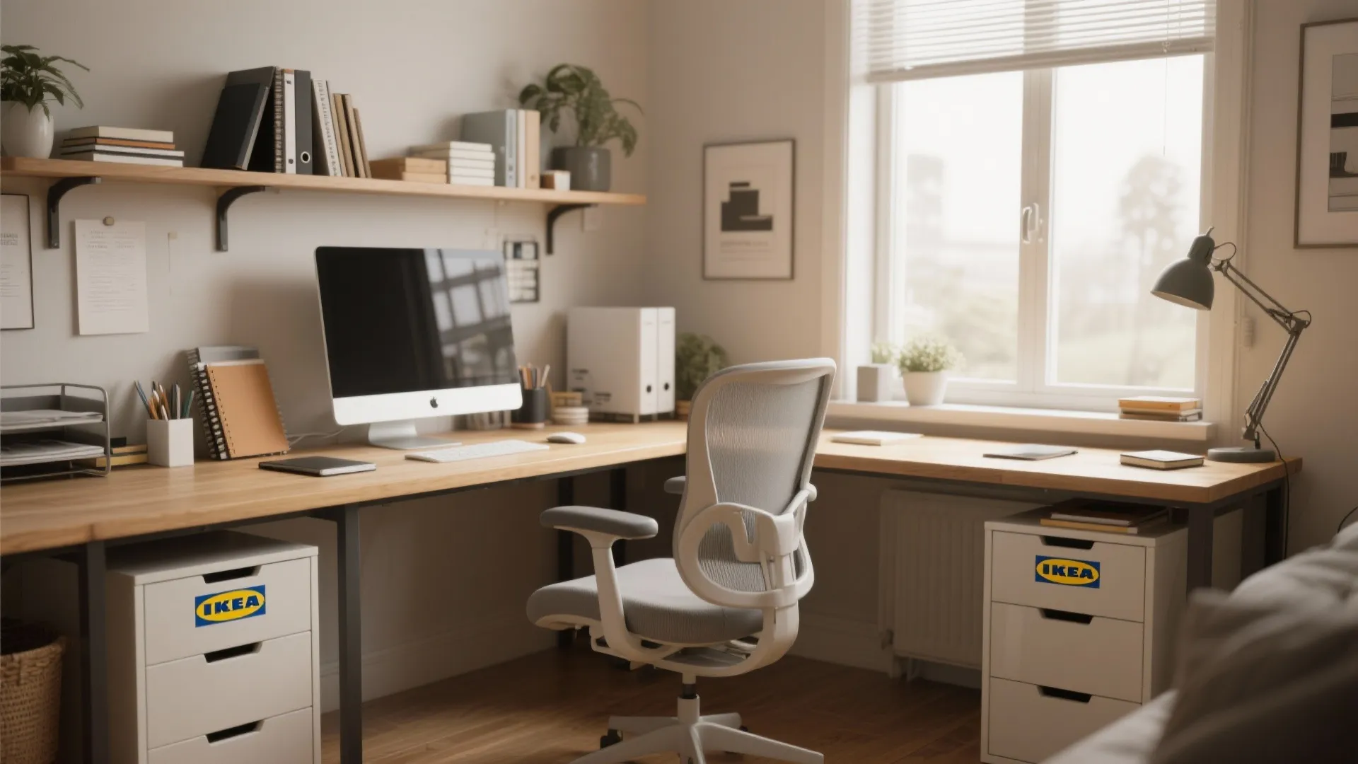 Wooden desk with white cabinets grey chair computer and wall shelves in bright home office