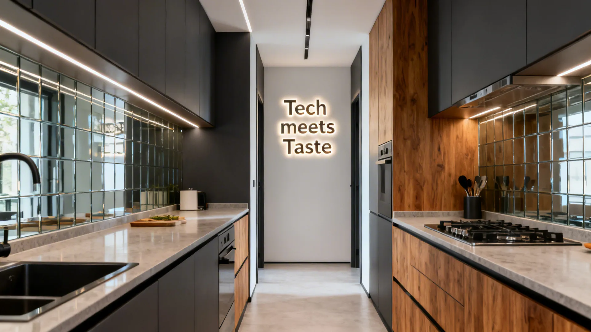 Modern galley kitchen with a tech-inspired wall quote at eye level and a glossy backsplash.