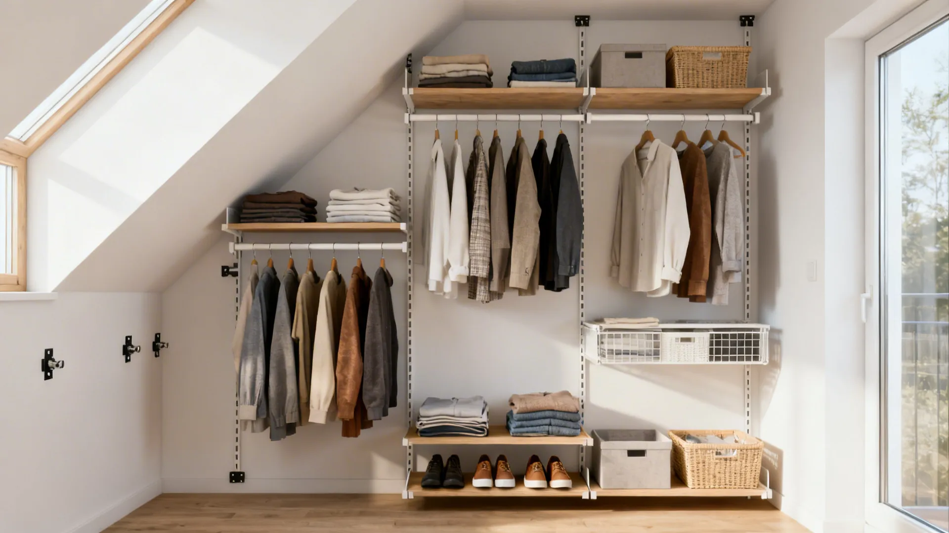 Irregular nook fitted with wall-mounted ALGOT or BOAXEL system with adjustable shelves and baskets