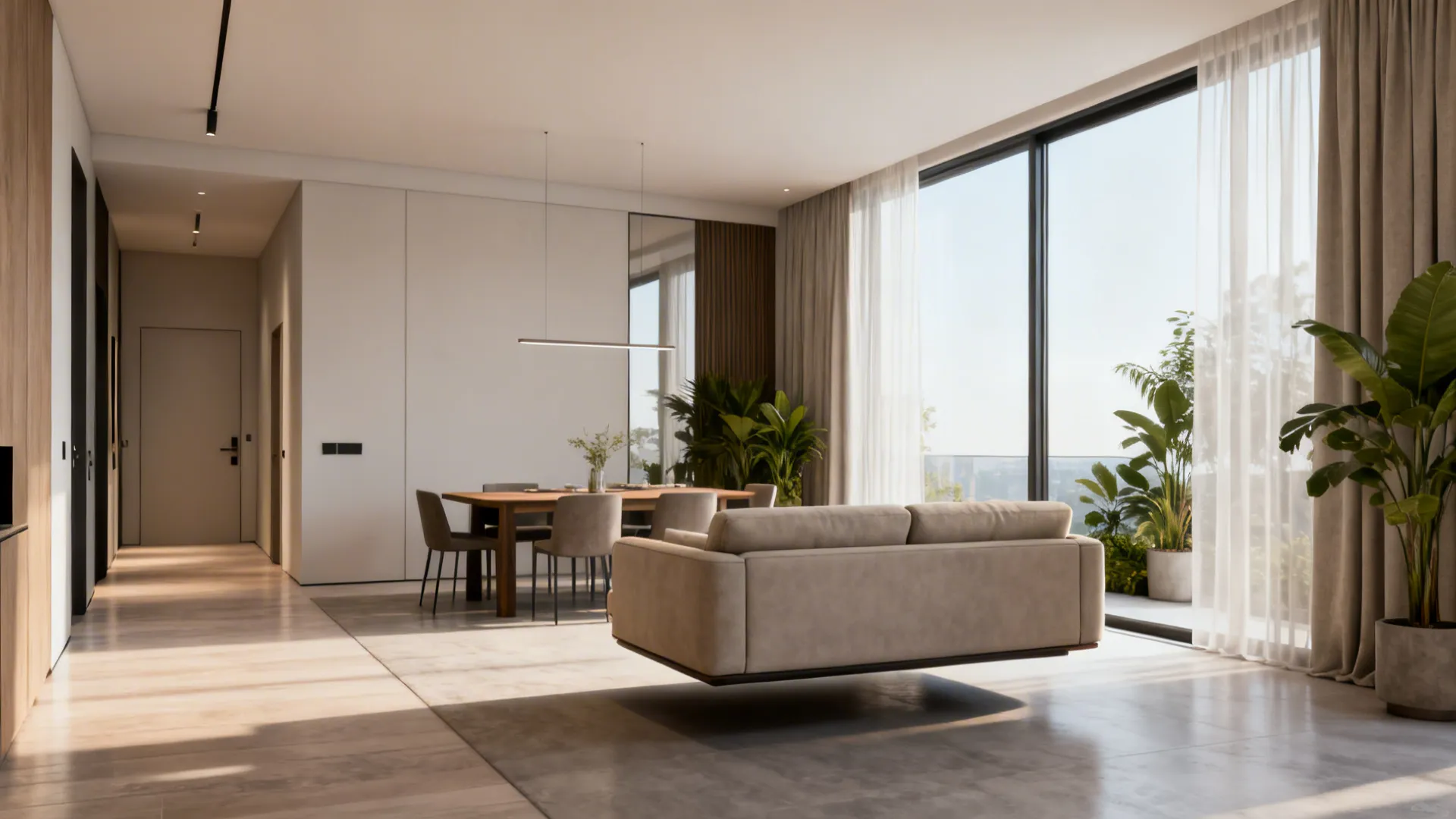 Bright open plan living area with tan sofa, dining set, indoor plants, and large balcony windows