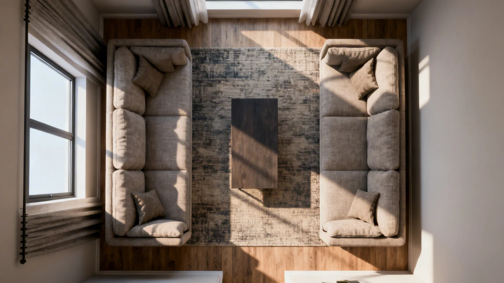 Top-down view of sofa placement showing aligned back heights and clear circulation paths.