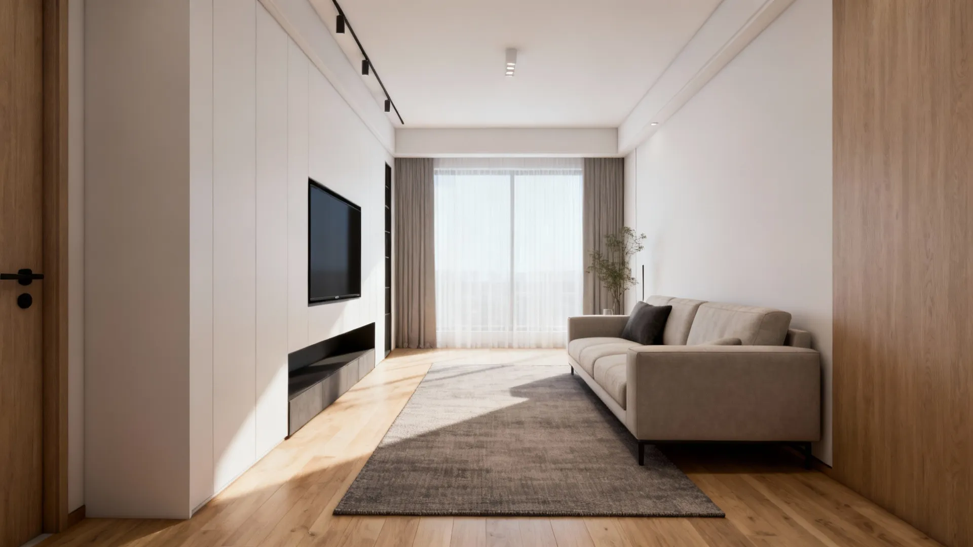 Narrow living room with a 5x7 rug aligned parallel to the sofa and TV wall to visually elongate the room