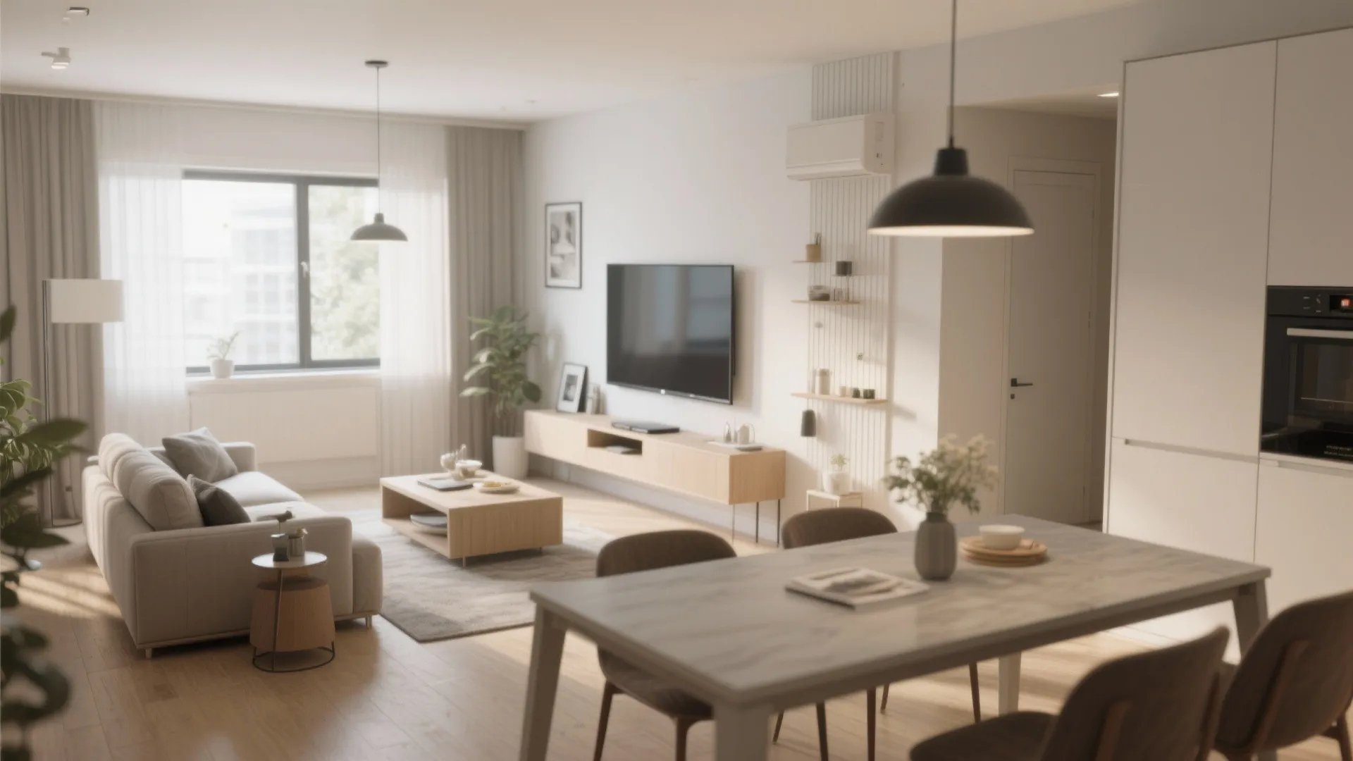 Open plan apartment interior with dining table living room sofa television and white kitchen cabinet