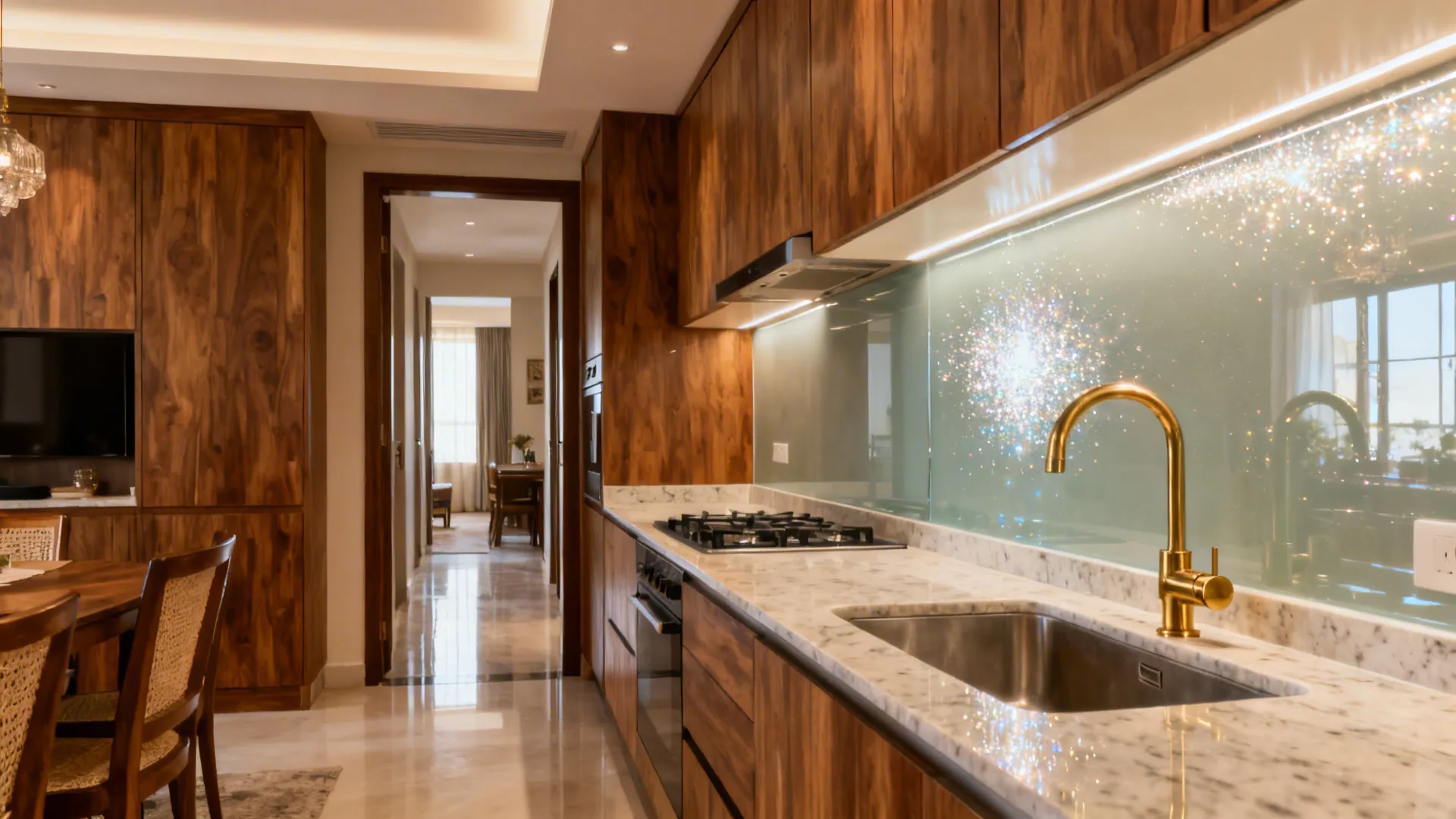 Dining-to-kitchen view aligned to a reflective backsplash that brightens and elongates the space.