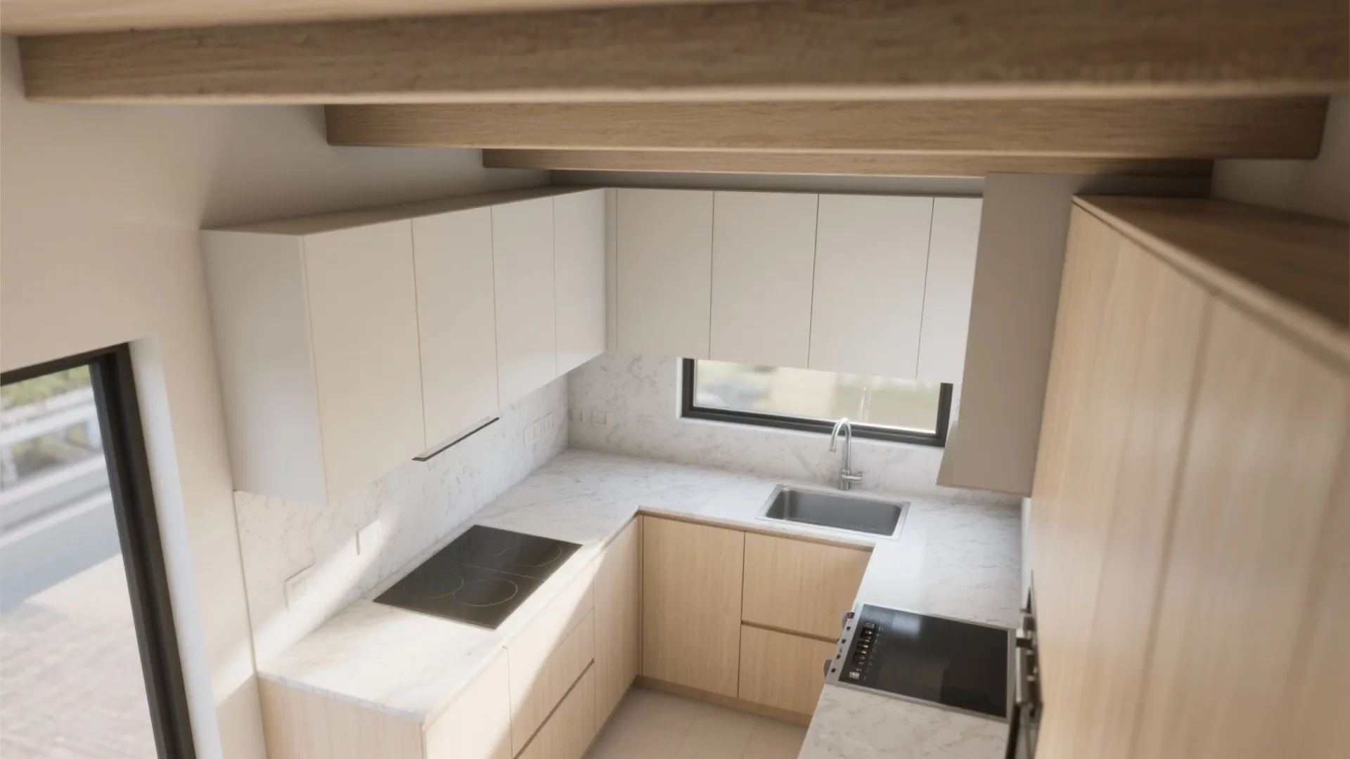 4. Align cabinets and countertops to emphasize beam lines