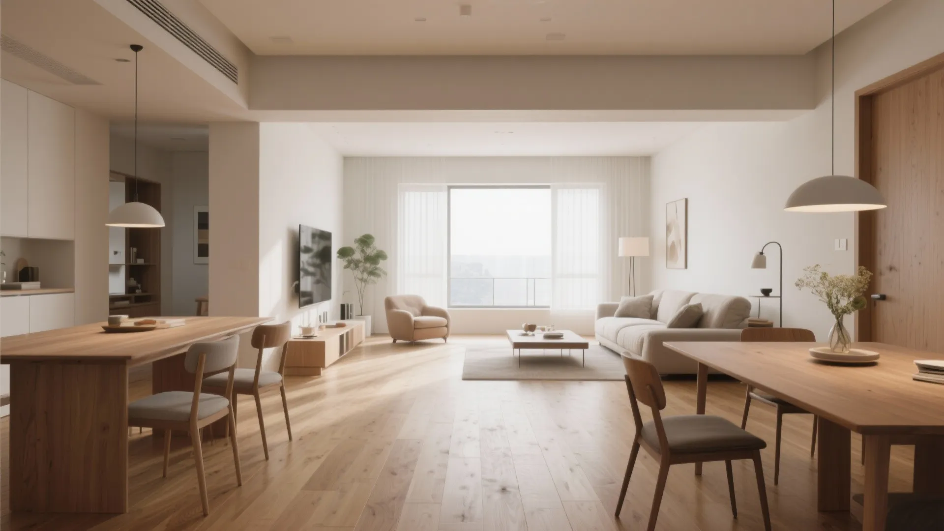 Modern open plan living area with wood dining tables beige sofa and soft natural sunlight