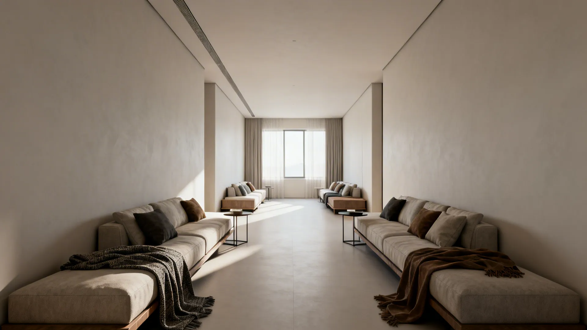 Furniture aligned along long walls with a clear central walkway in a narrow living room.