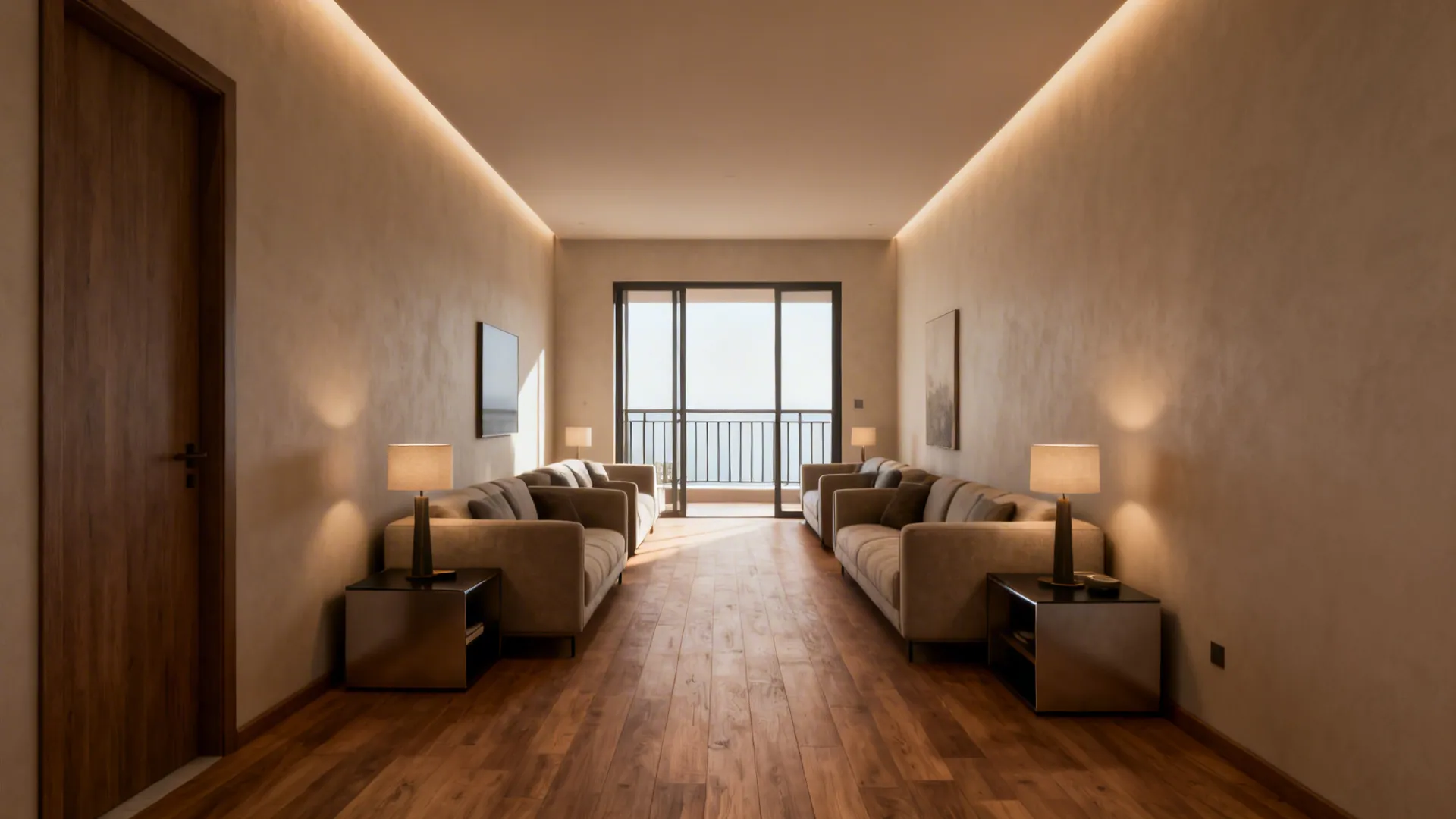 Aligned furniture forming a clear central pathway through a long living room from entry to balcony.