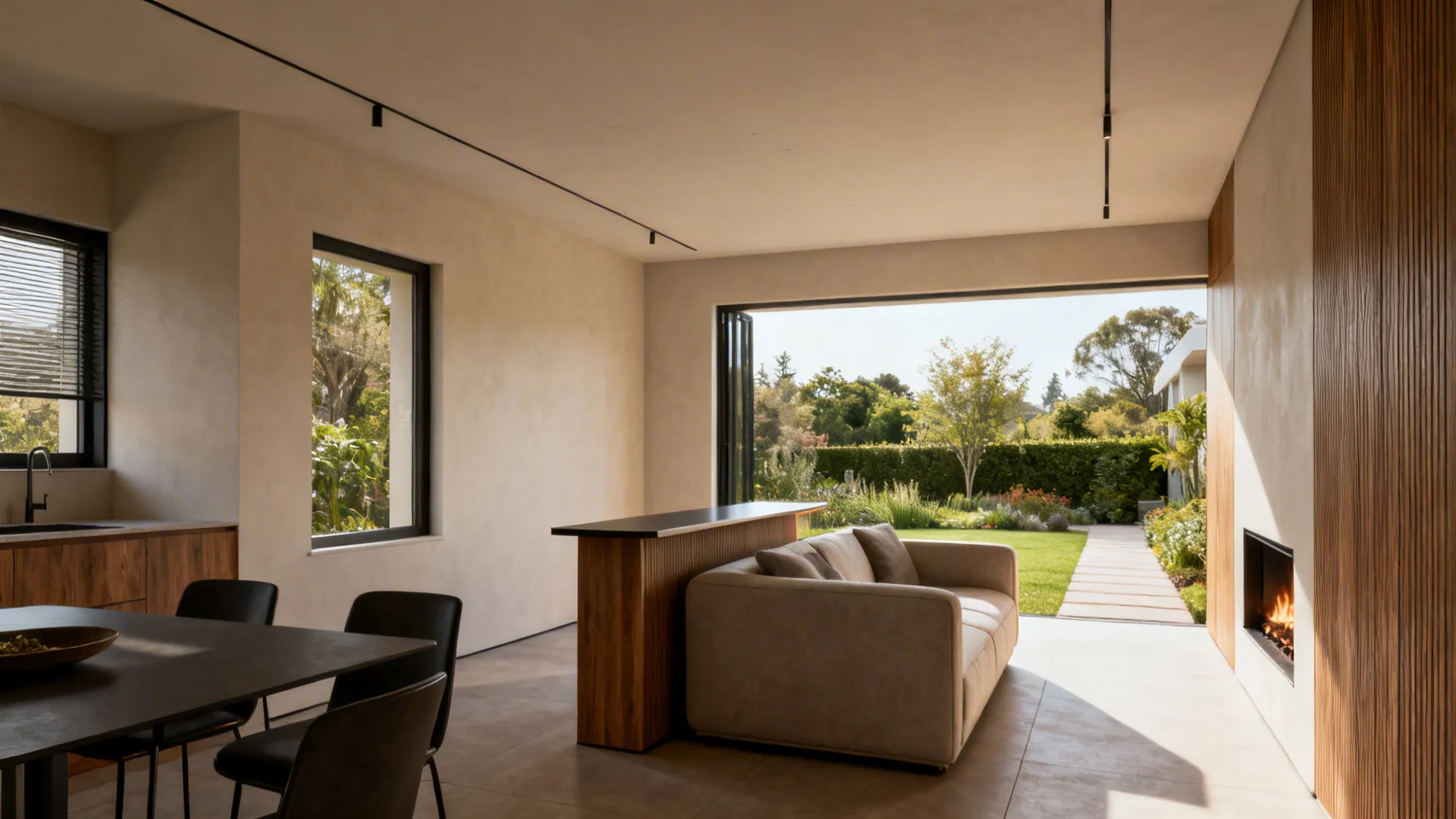 Sofa aligned to garden view with a slim console creating a subtle partition and clear walkways