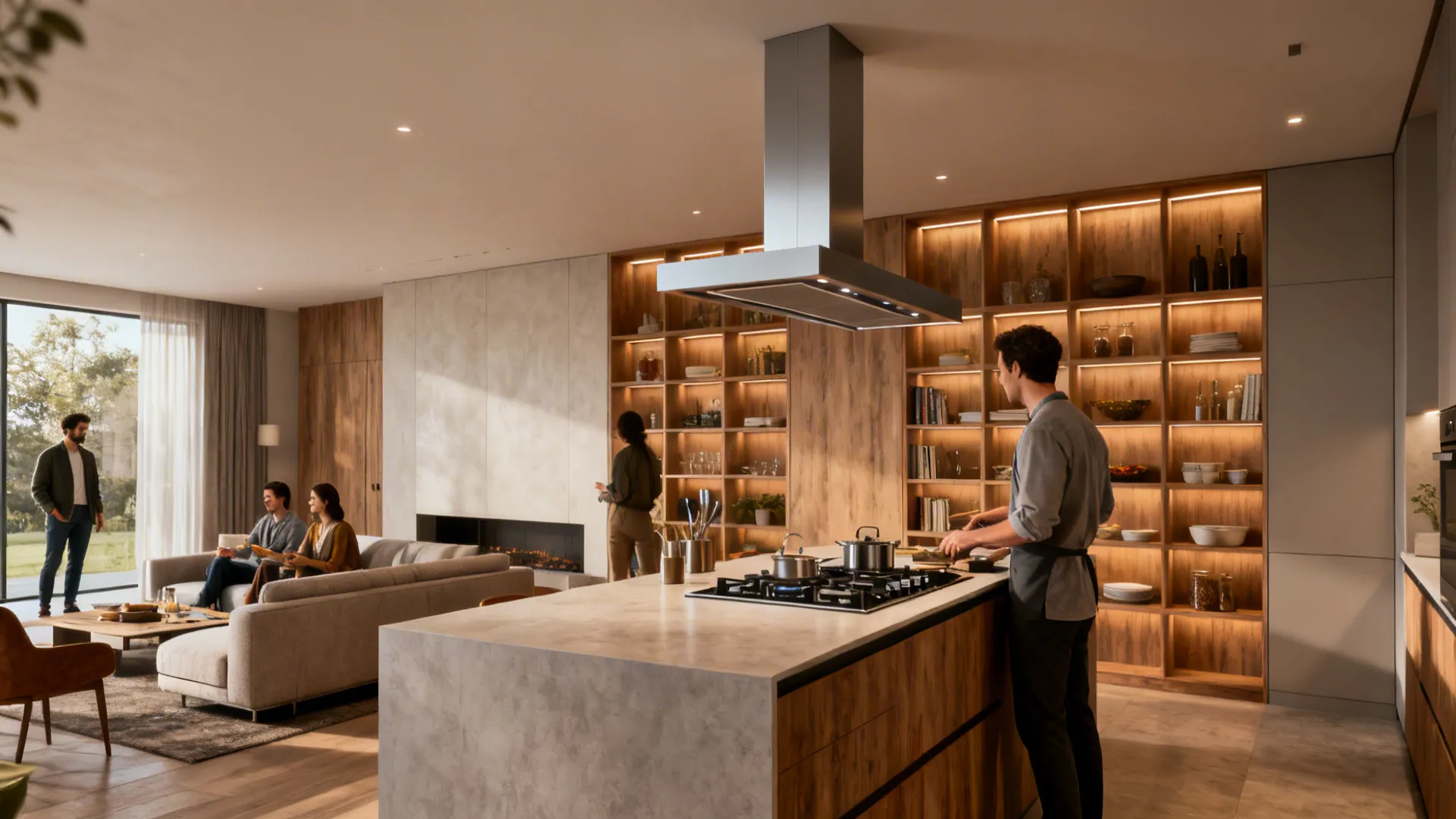 Cooktop placed on the short leg of an L-shaped kitchen facing the living area with a sleek vent