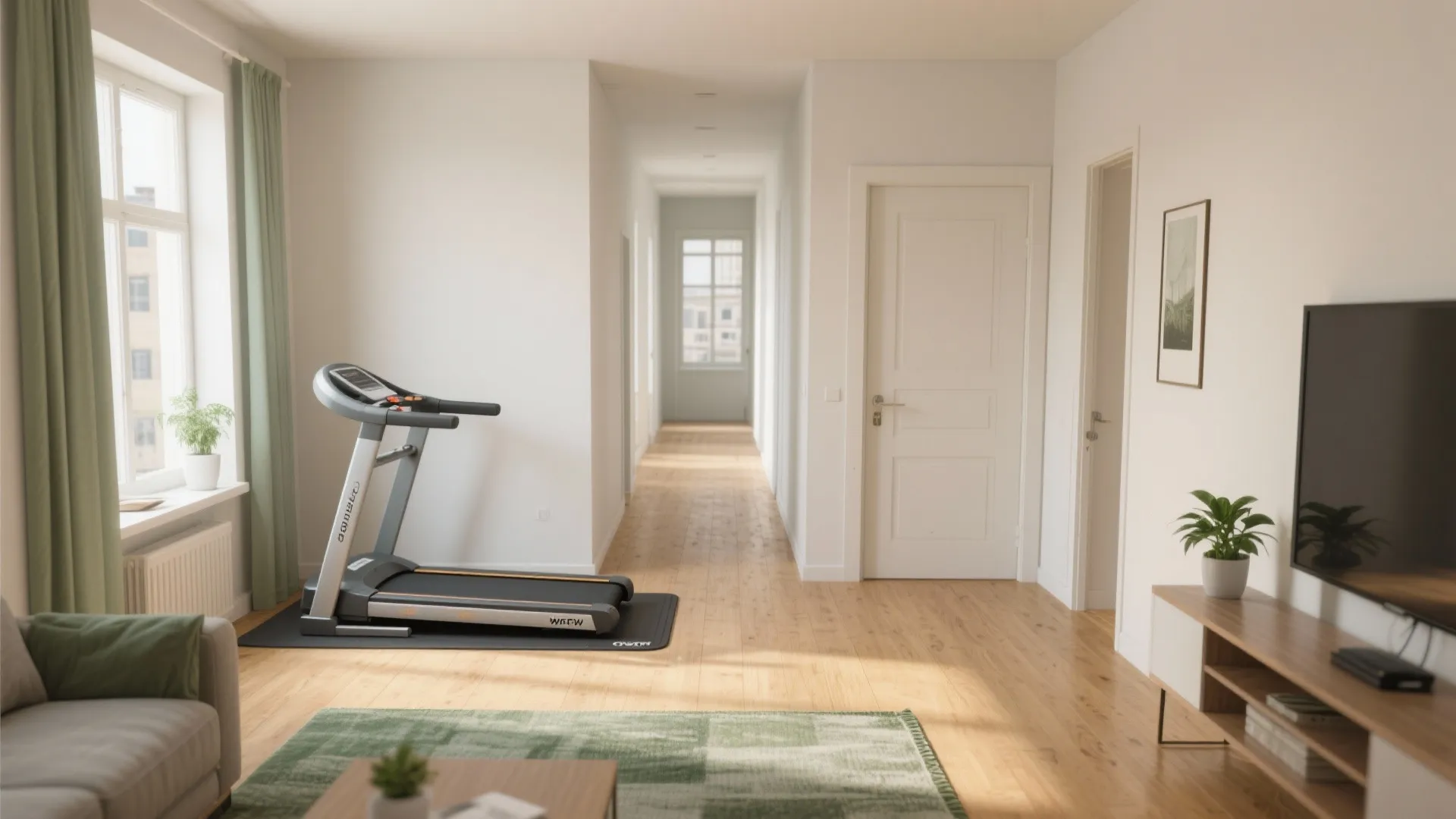 Living room area featuring treadmill on floor mat beside window with curtains and long hallway