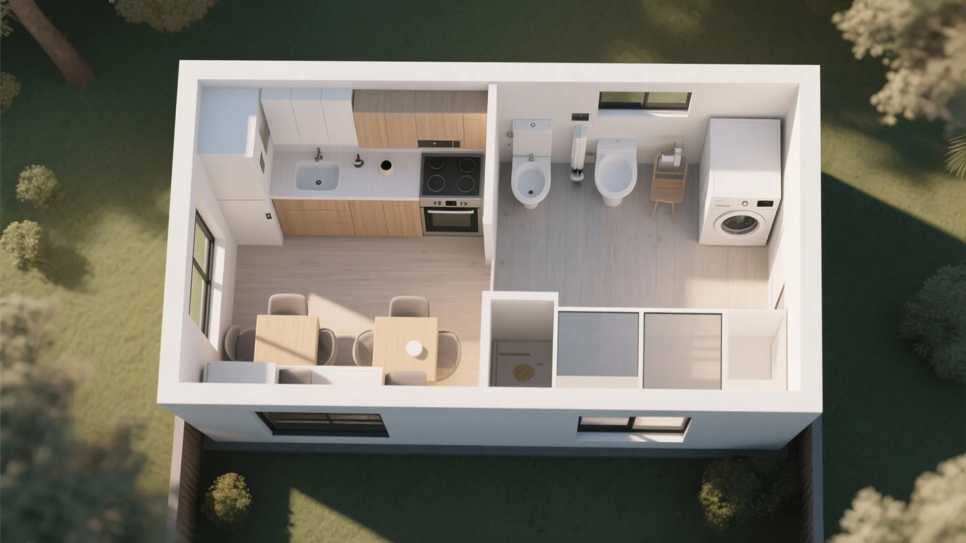 Top view interior design drawing of small house with kitchen laundry room and dining area