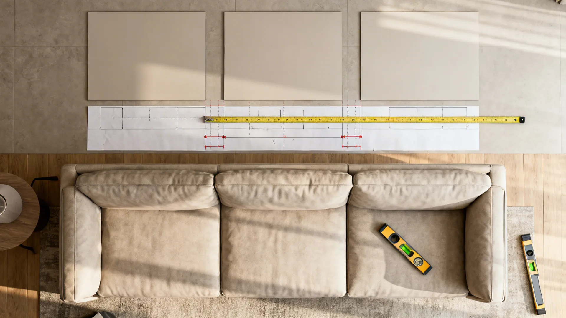 Top-down view showing sofa and three panels with measuring marks illustrating two-thirds width alignment.