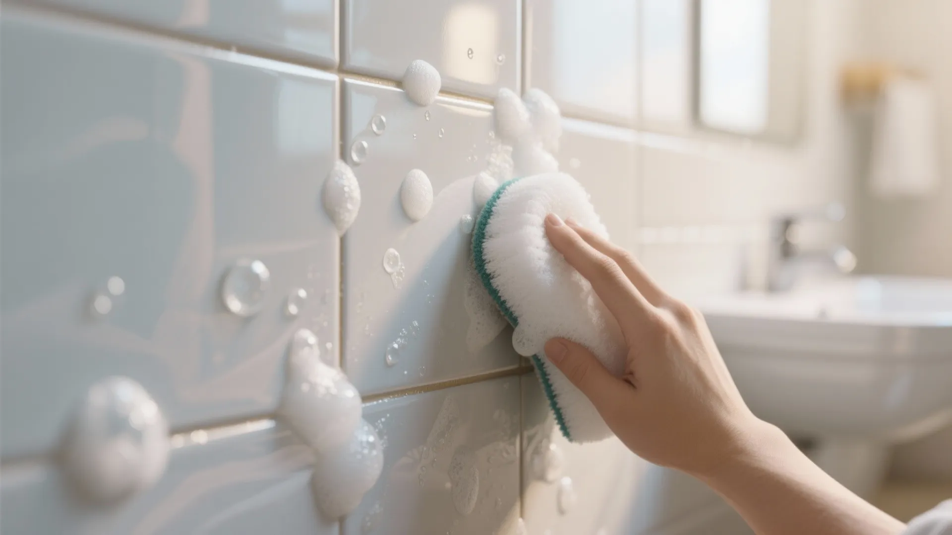 Macro of glossy ceramic tile as a white nylon pad lifts soap scum with mild alkaline cleaner.