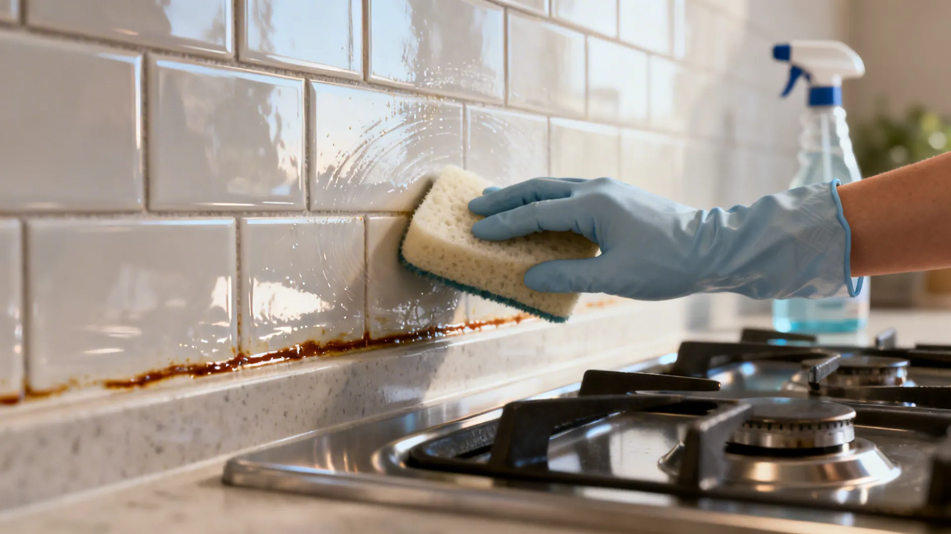 Macro of a sponge applying mild alkaline degreaser on a glazed ceramic backsplash.