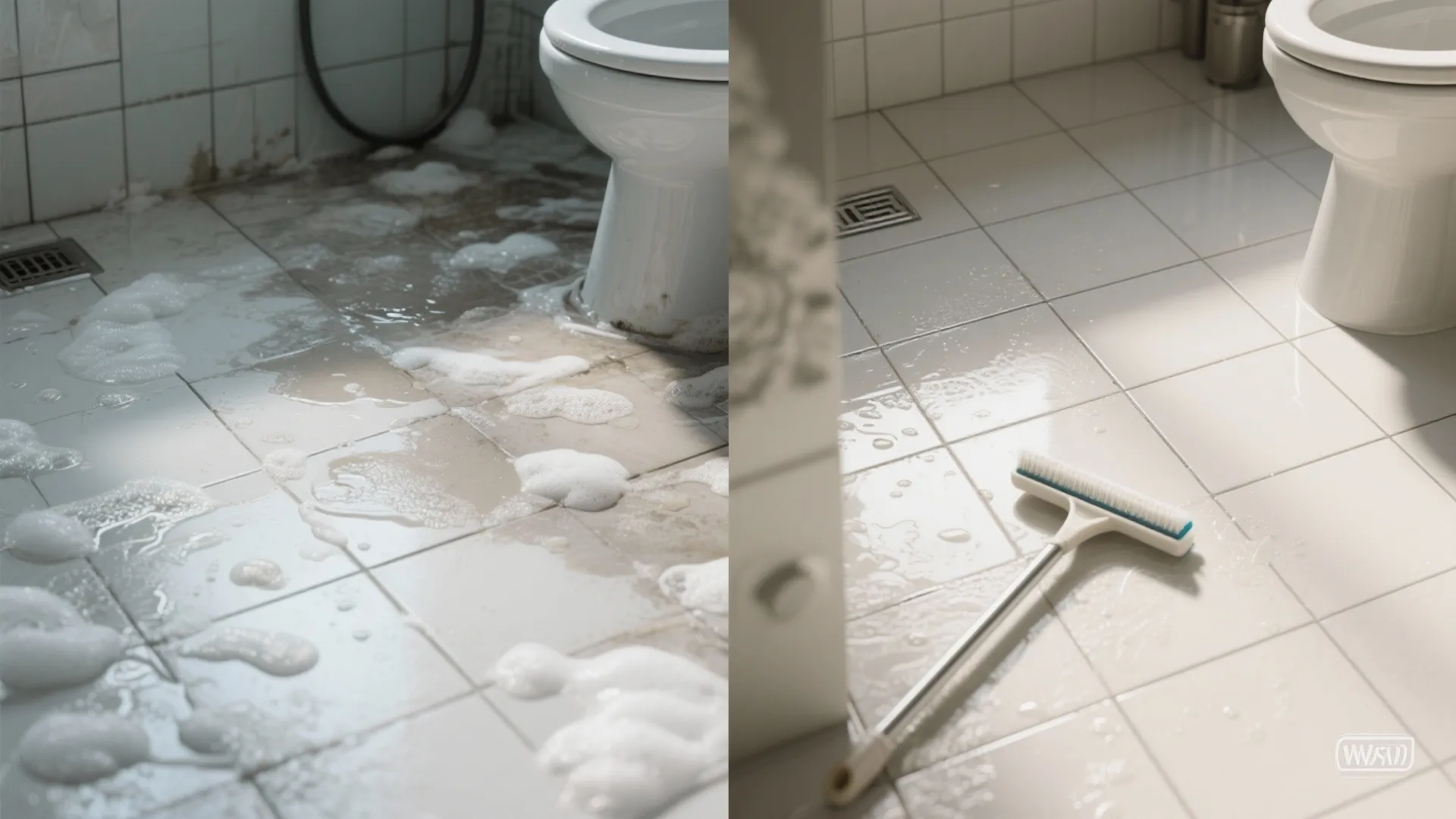 Before-and-after of matte porcelain tiles showing soap scum removed by a mild alkaline cleaner.