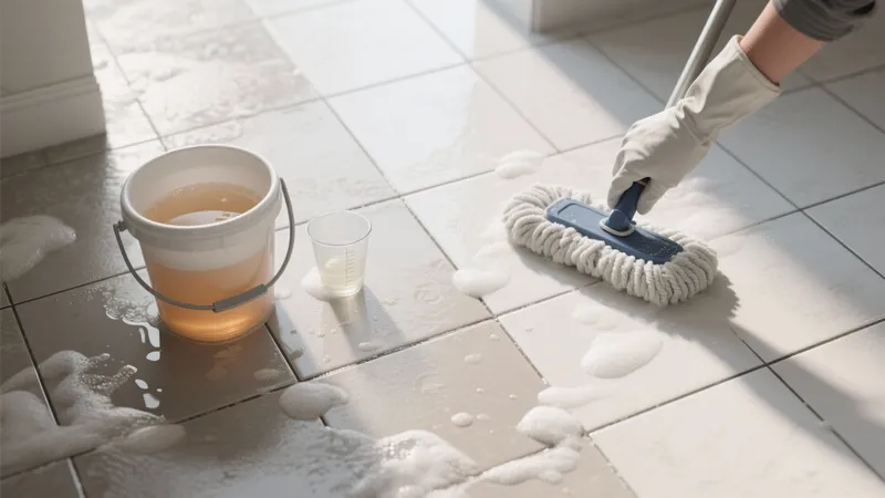 Cleaning Tiled Floor with Soap Suds and Mop