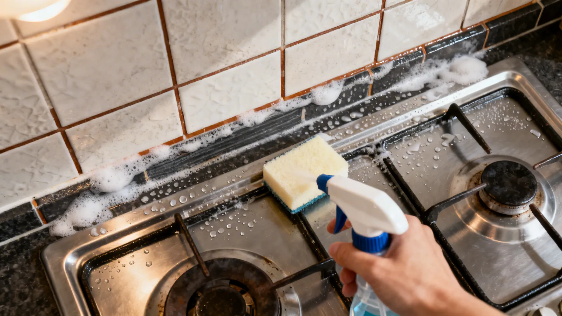 Top-down view of controlled alkaline foam cleaning around a cooktop backsplash.