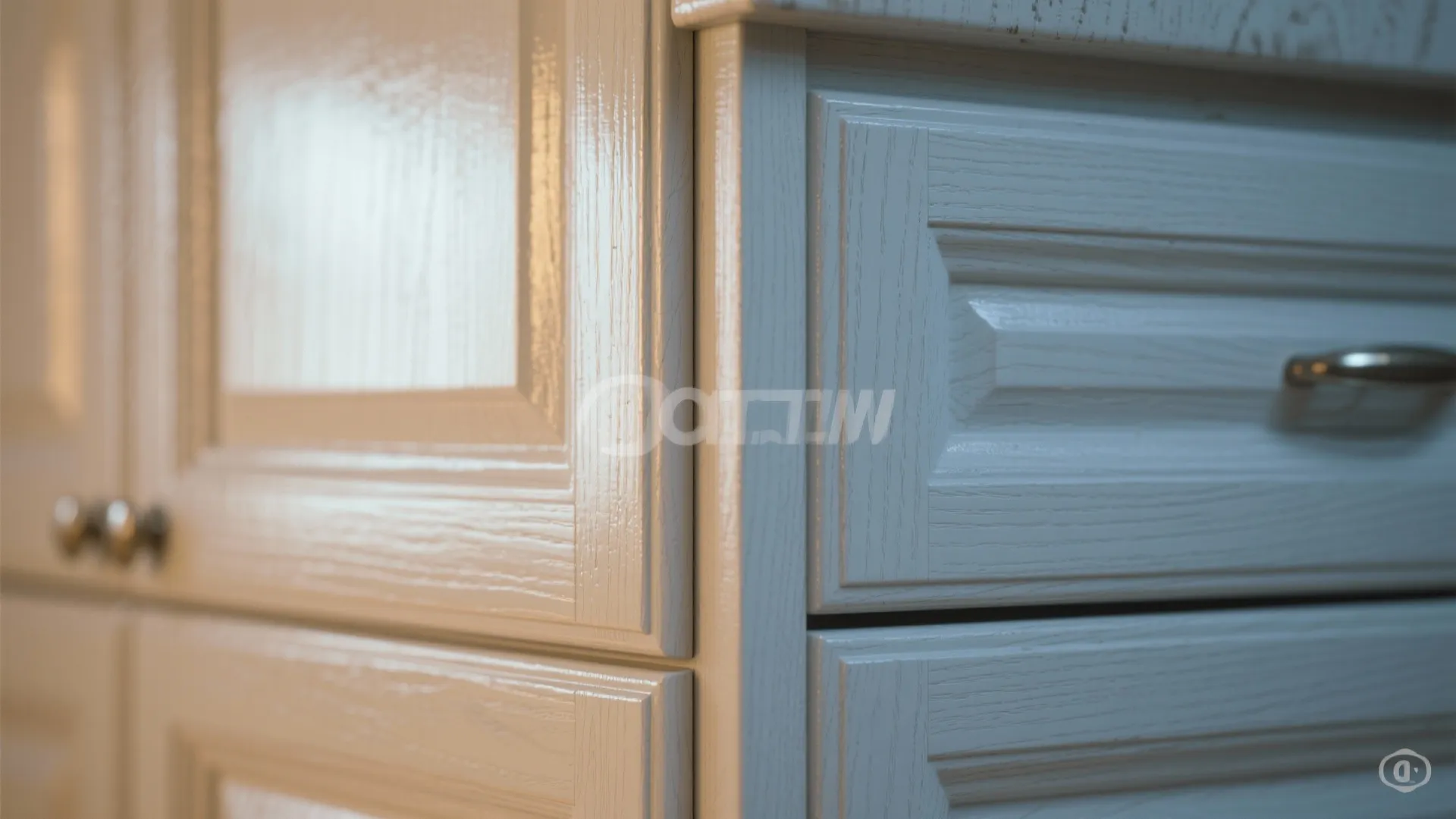 Close up of white kitchen cabinet doors and drawers with a shiny painted wood finish