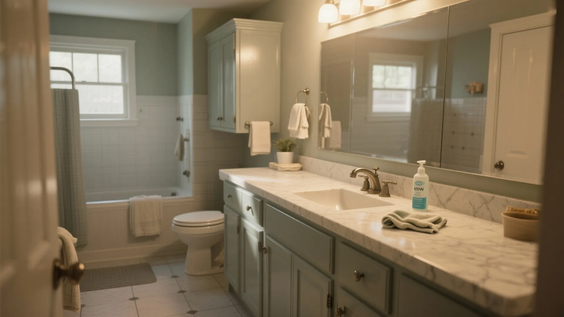 Traditional bathroom featuring light green cabinets, marble countertop, white toilet, bathtub, large mirror, and light