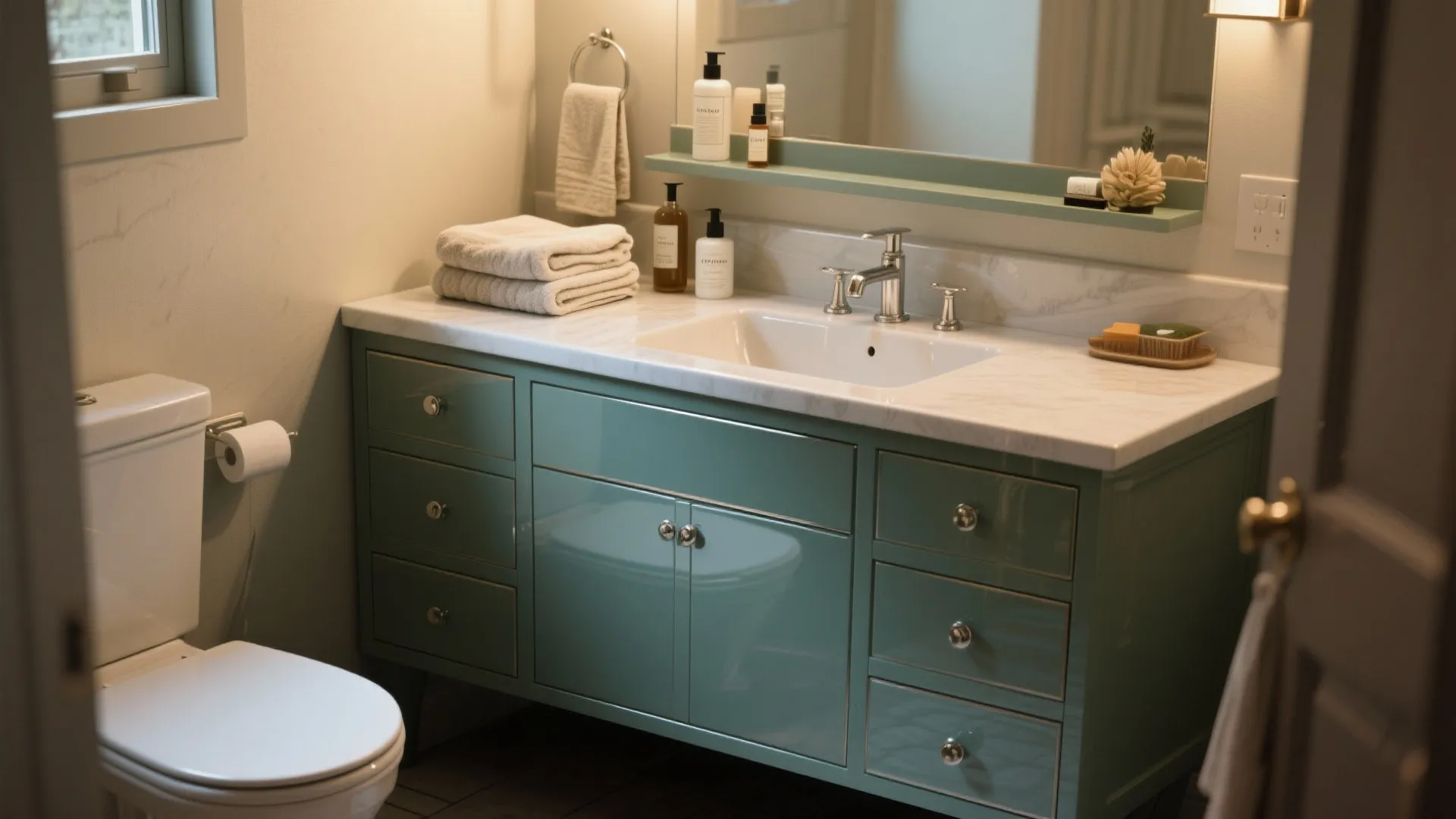 Bathroom vanity with glass-smooth alkyd enamel finish showing durable, furniture-like surface