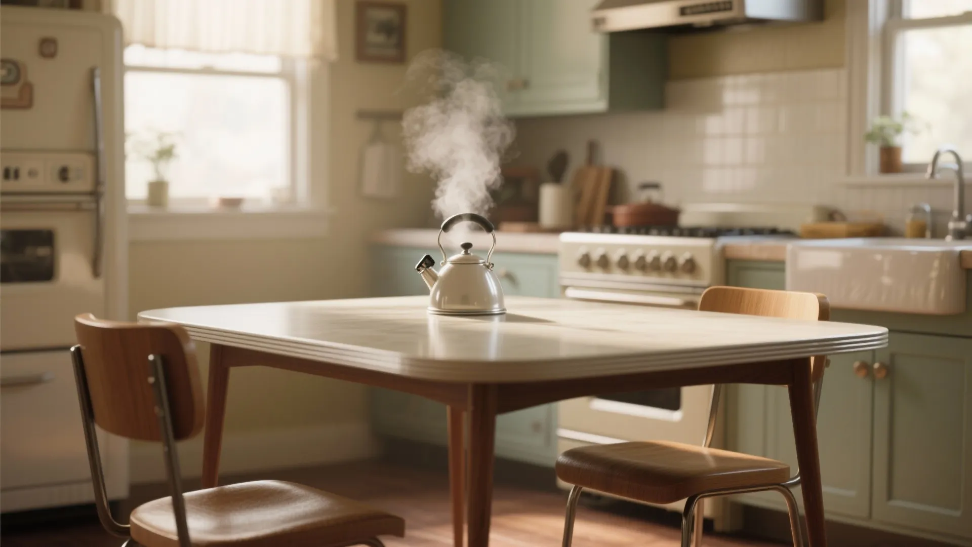 Mid-century kitchen table with a smooth oil-based alkyd painted finish and furniture-like sheen.