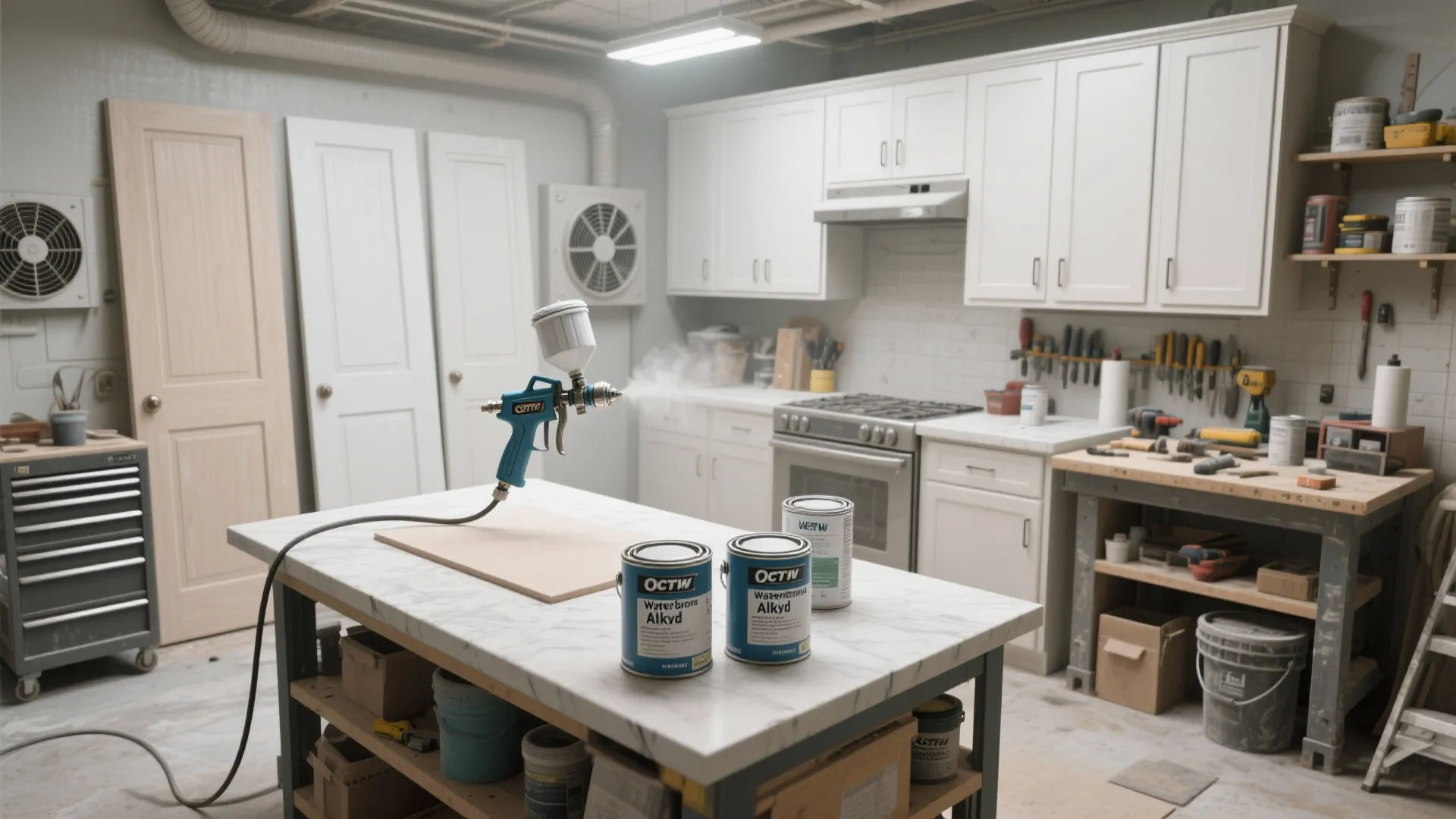 Top-down view of a professional cabinet painting setup with waterborne alkyd, spray gun and sanded doors.