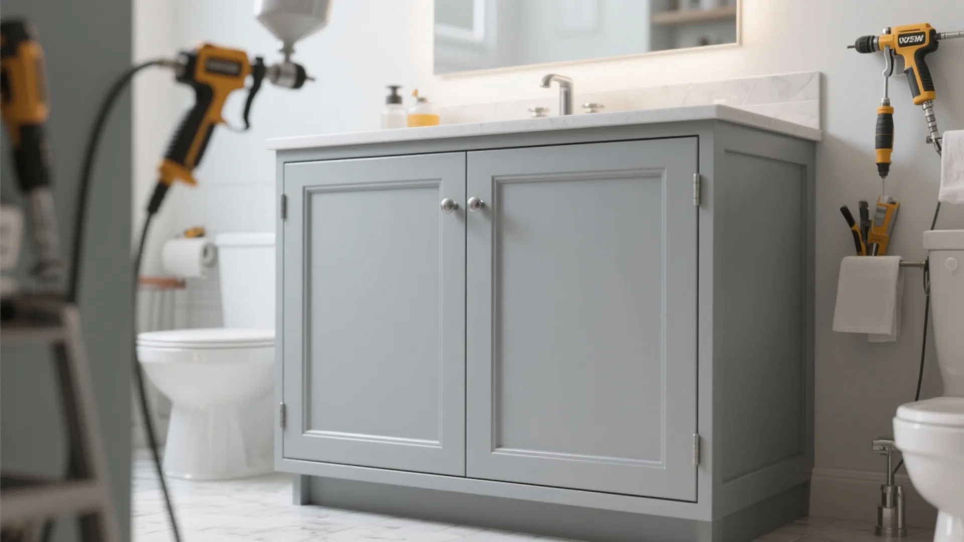 Light grey bathroom cabinet with silver handles next to a toilet and various painting tools