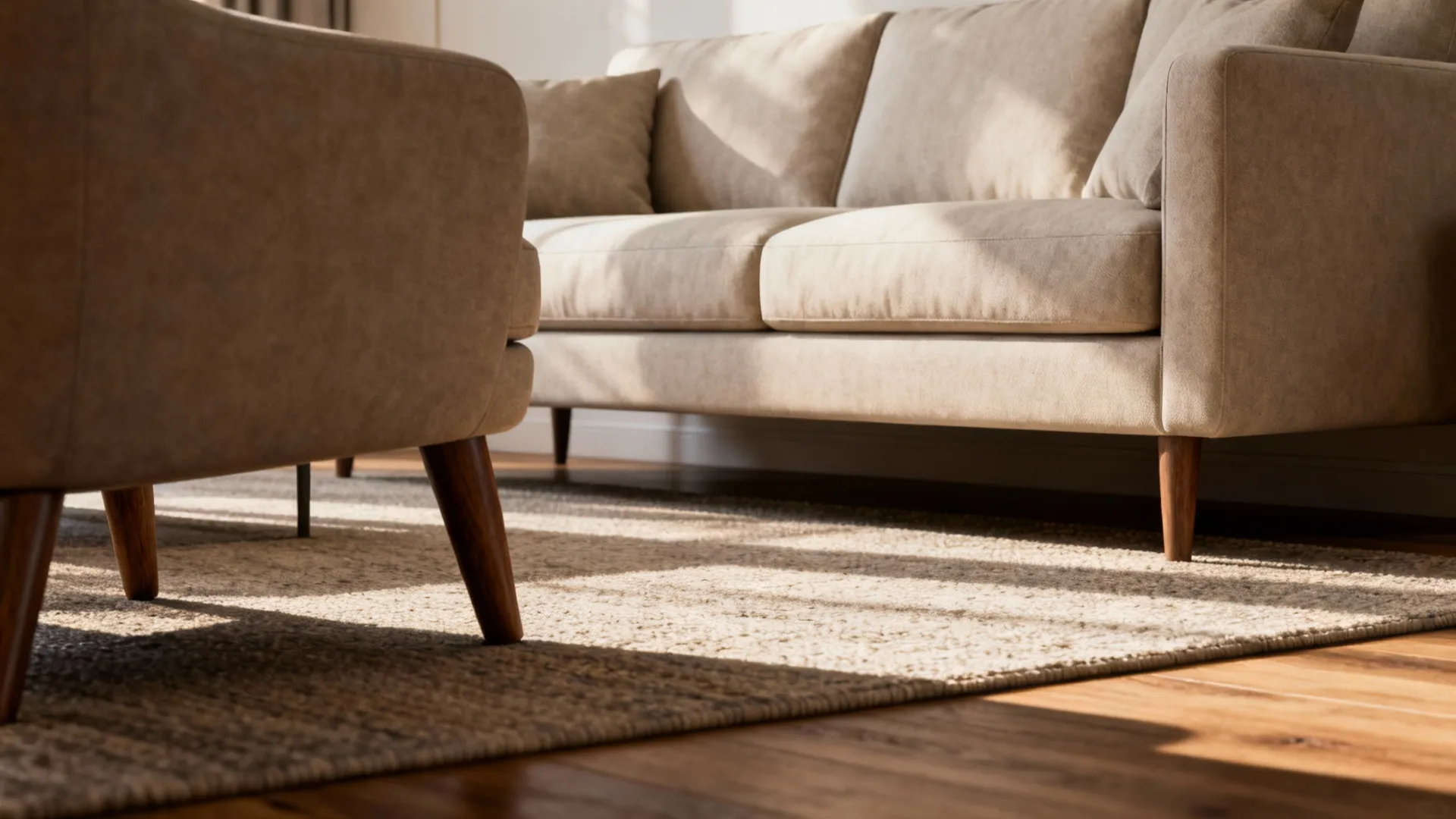 Medium living room with sofa and chairs front legs placed on a textured neutral rug to anchor seating