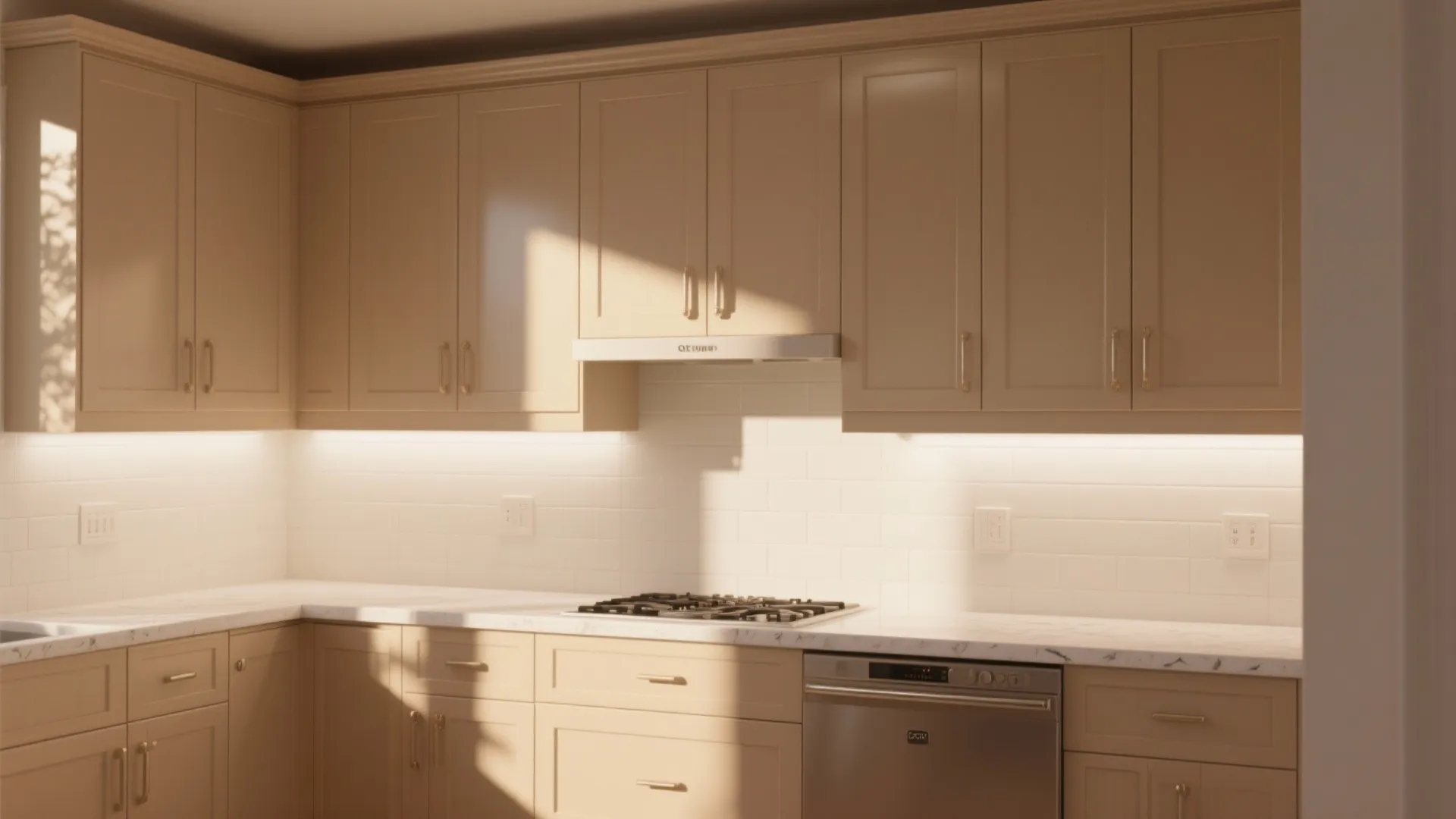 Cozy kitchen with full-height beige cabinets and white backsplash and countertop under warm lighting.